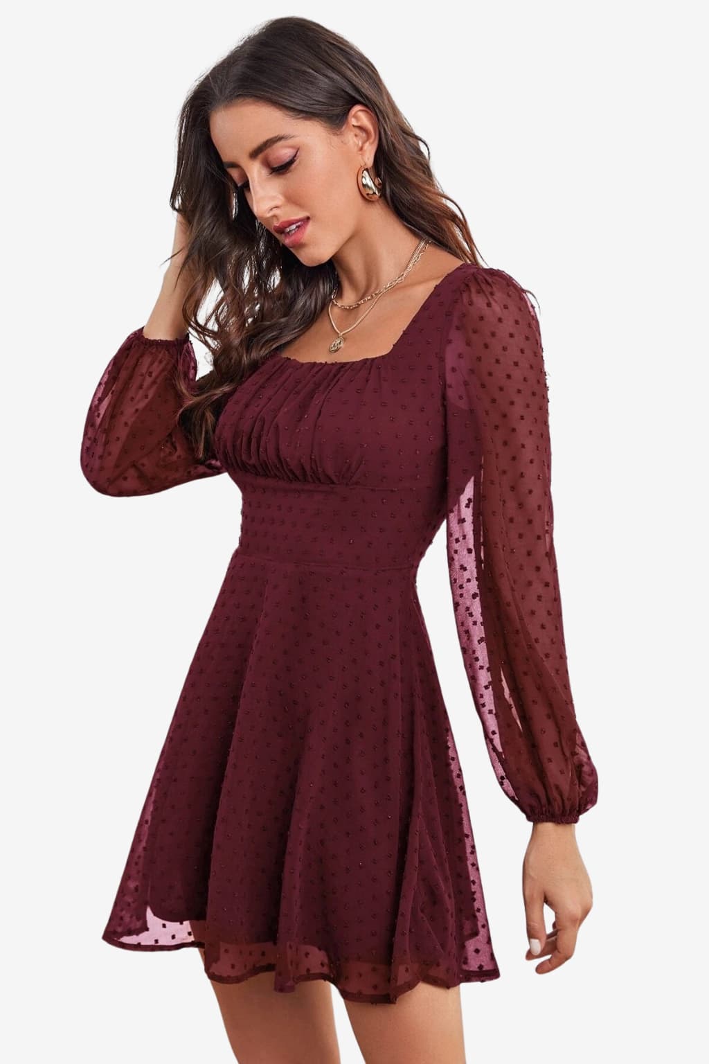 Women's A-line Mini Dress with Onion Pattern and Long Sleeves