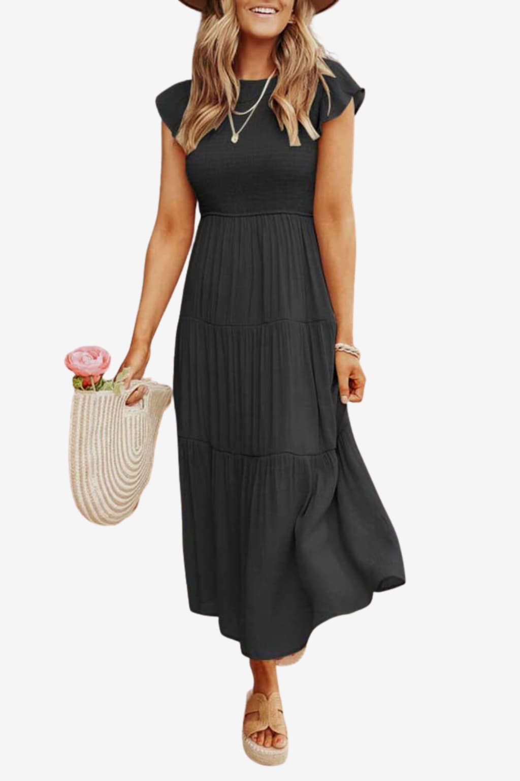 Women's Cotton Pleated Midi Dress Short Sleeve Summer