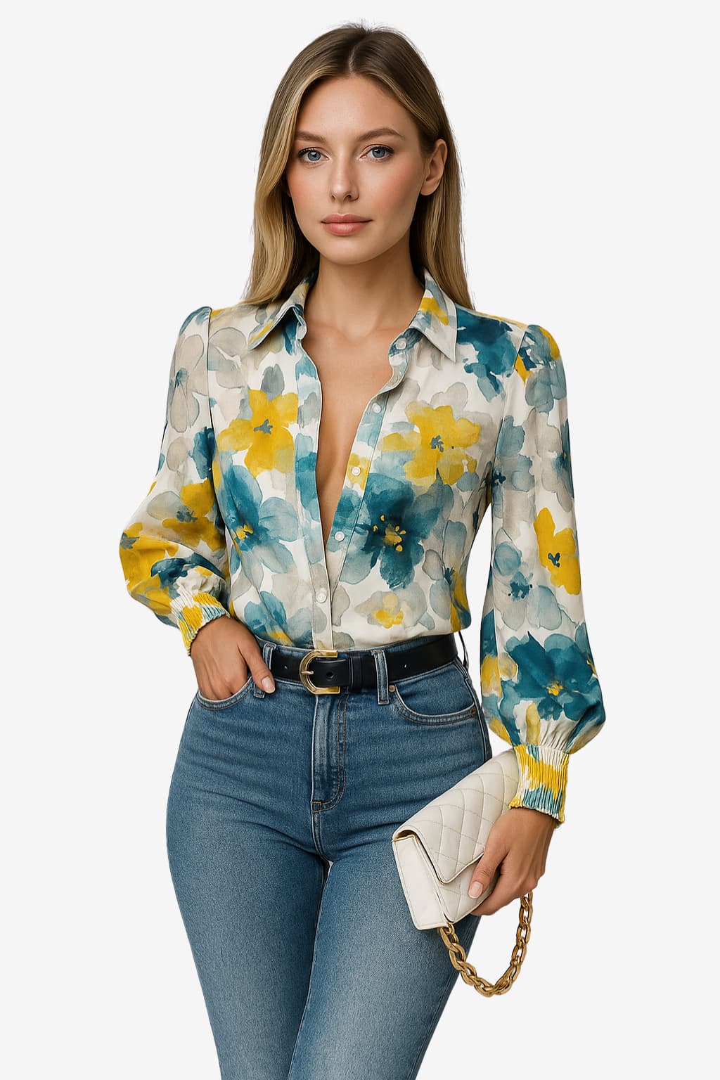 Women’s Floral Button Shirt Puff Sleeve Oversized Fit