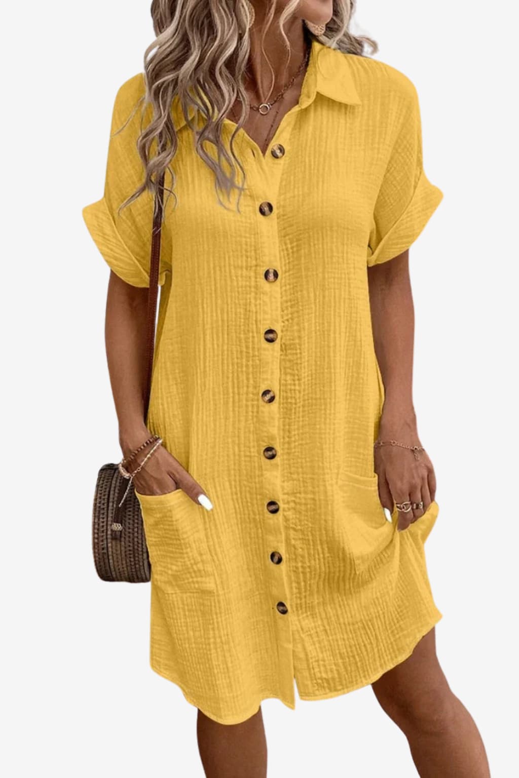 Women's Linen Shirt Dress, Short Sleeve, Button-Down, Knee-Length