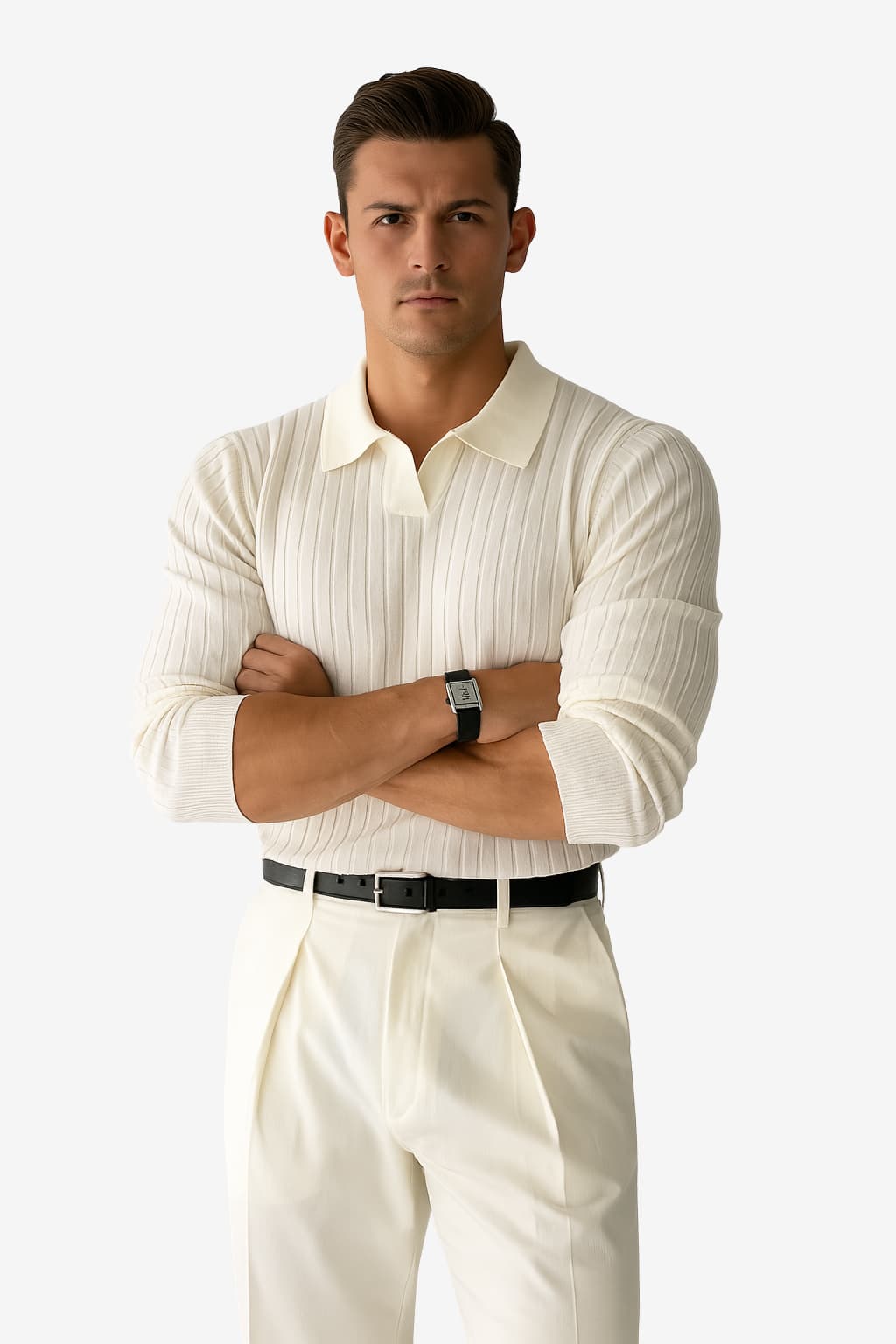 Men’s Long Sleeve Knitted Polo Shirt Ribbed Collar Fit