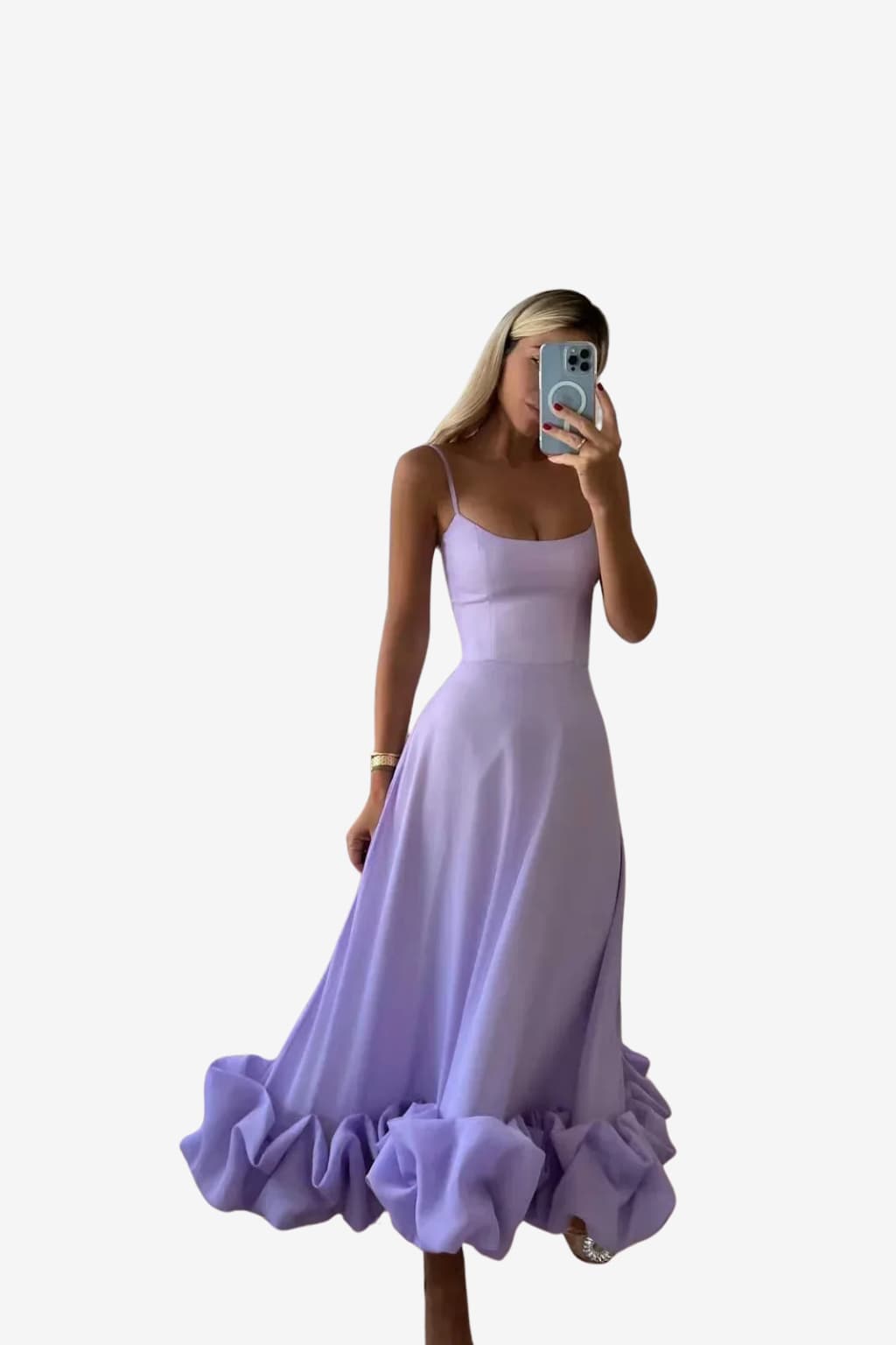 Women's Midi Dress with Spaghetti Straps and Ruffled Hem