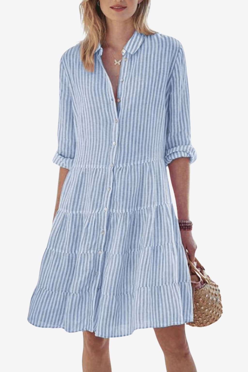 Women’s Striped Shirt Dress Button Up Knee Length Casual