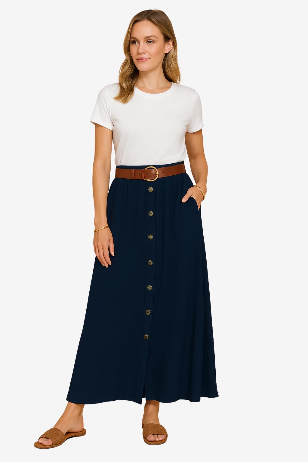 Women’s Maxi Skirt Sage Green Belted Button-Down Style