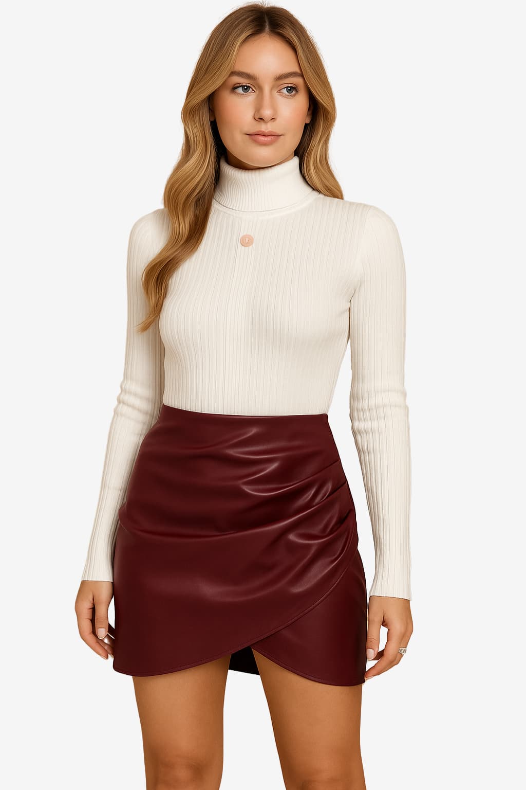 Women’s High-Waist Faux Leather Mini Skirt Ruched Slit