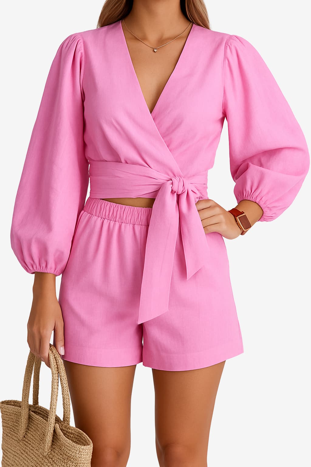 Women’s Puff Sleeve Wrap Top and Shorts Set For Summer