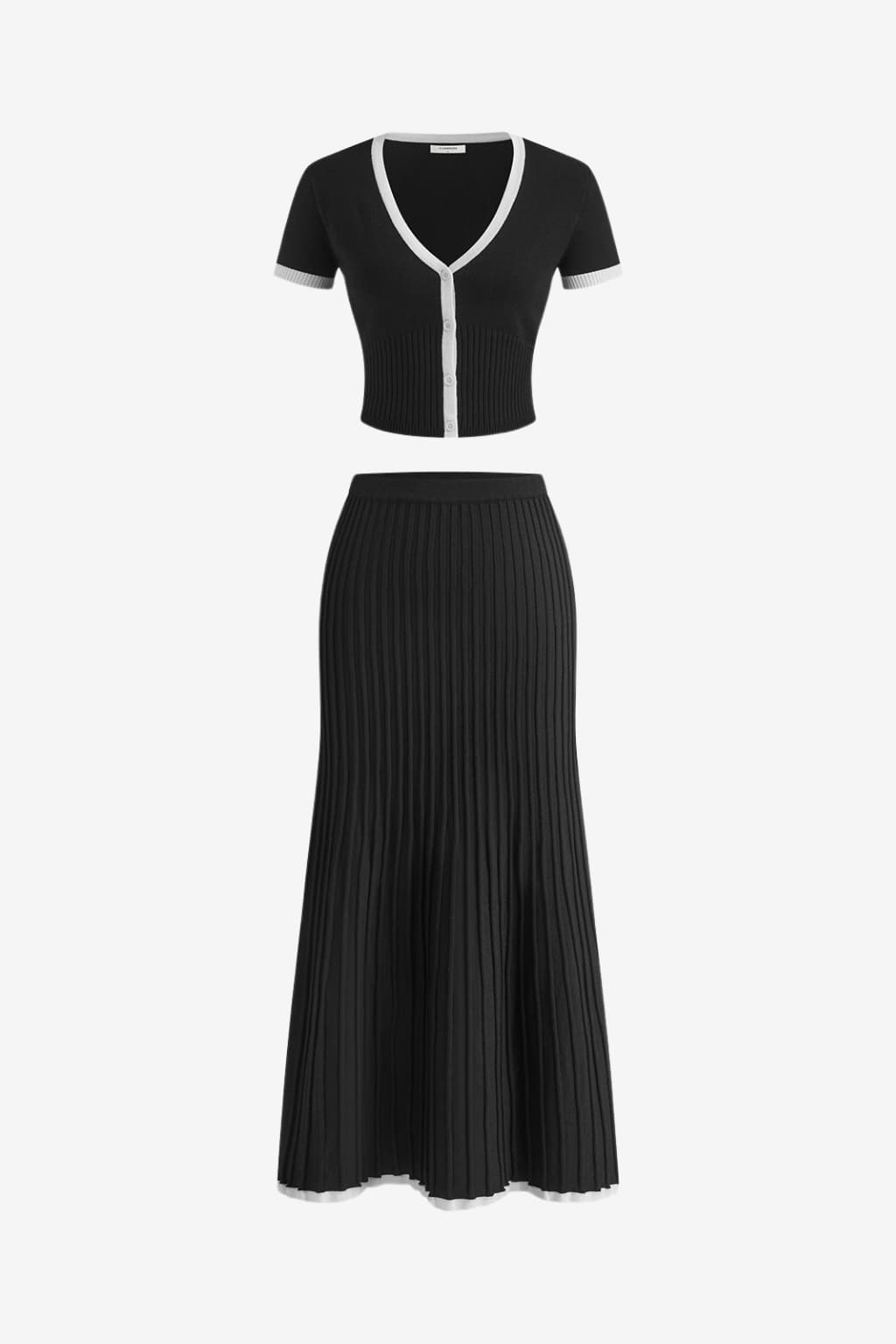 Women’s Knit Skirt Set V-Neck Top &amp; Pleated Midi Skirt