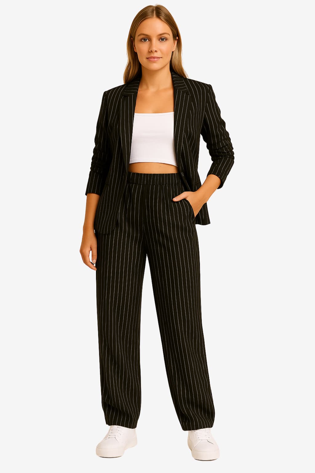 Women’s Pinstripe Lounge Suit Set Blazer Wide Leg Trousers