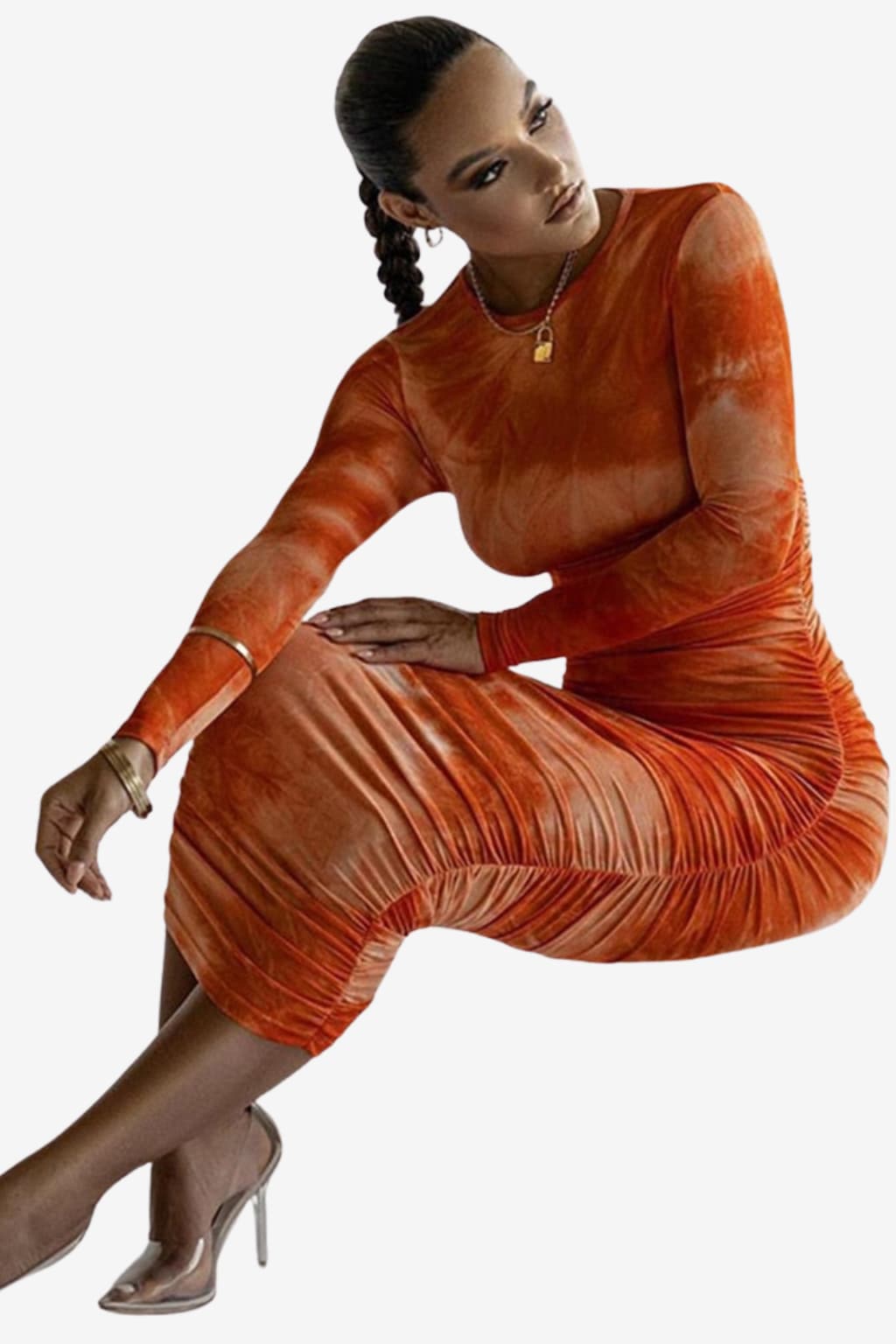 Women's Midi Ruched Long Sleeve Bodycon Dress