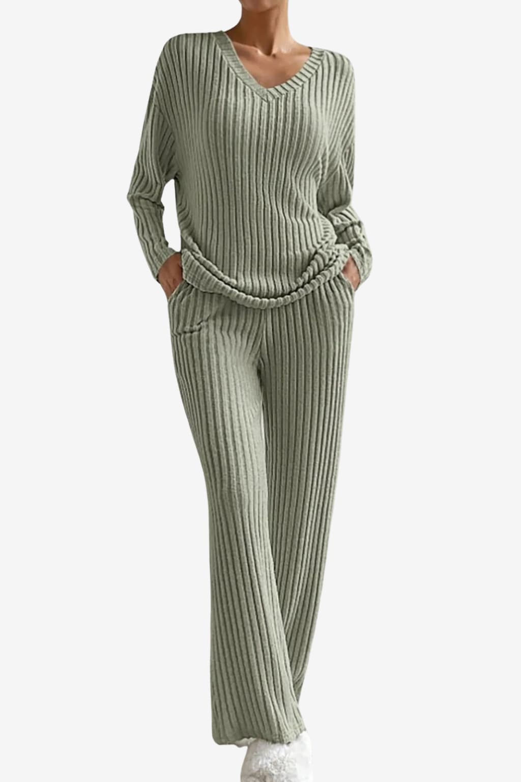 Women’s Ribbed Knit Lounge Set V-Neck Top Trousers