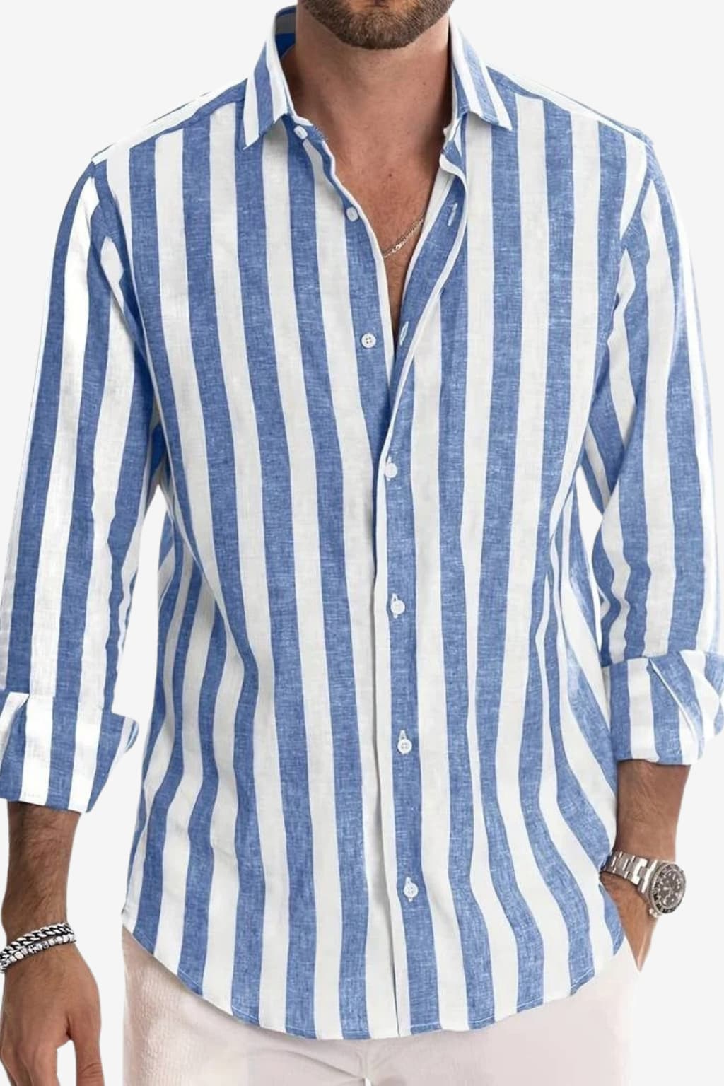 Men’s Long Sleeve Linen Shirt Striped Summer Casual Fit