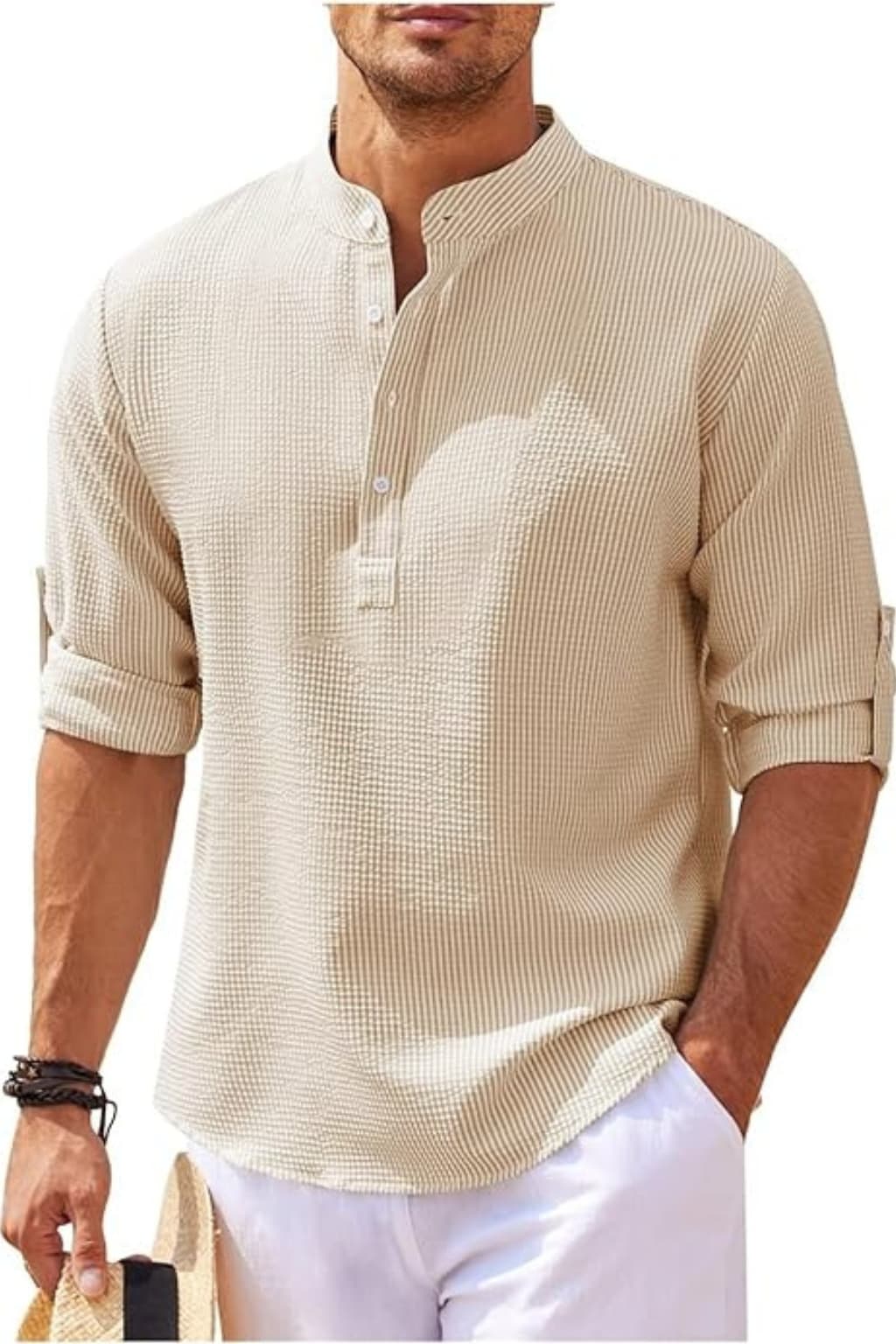 Men’s Linen Blend Shirt Long Sleeve Band Collar Casual