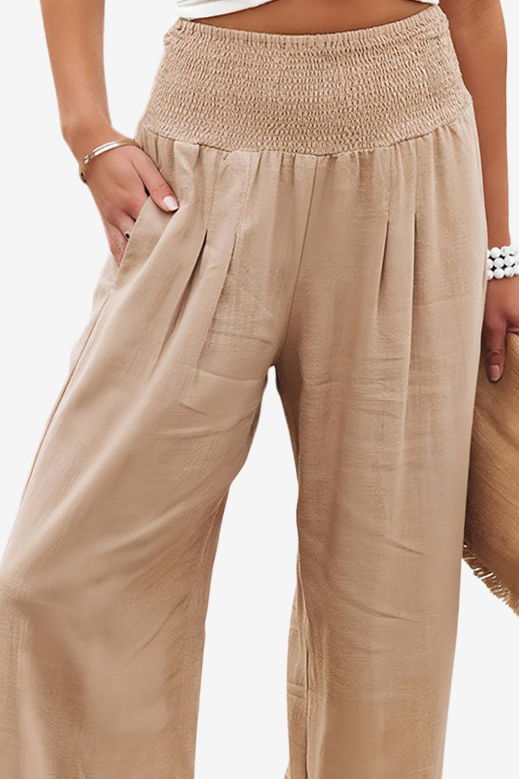 Women’s Wide Leg Linen Trousers - Elastic Waist Summer Fit