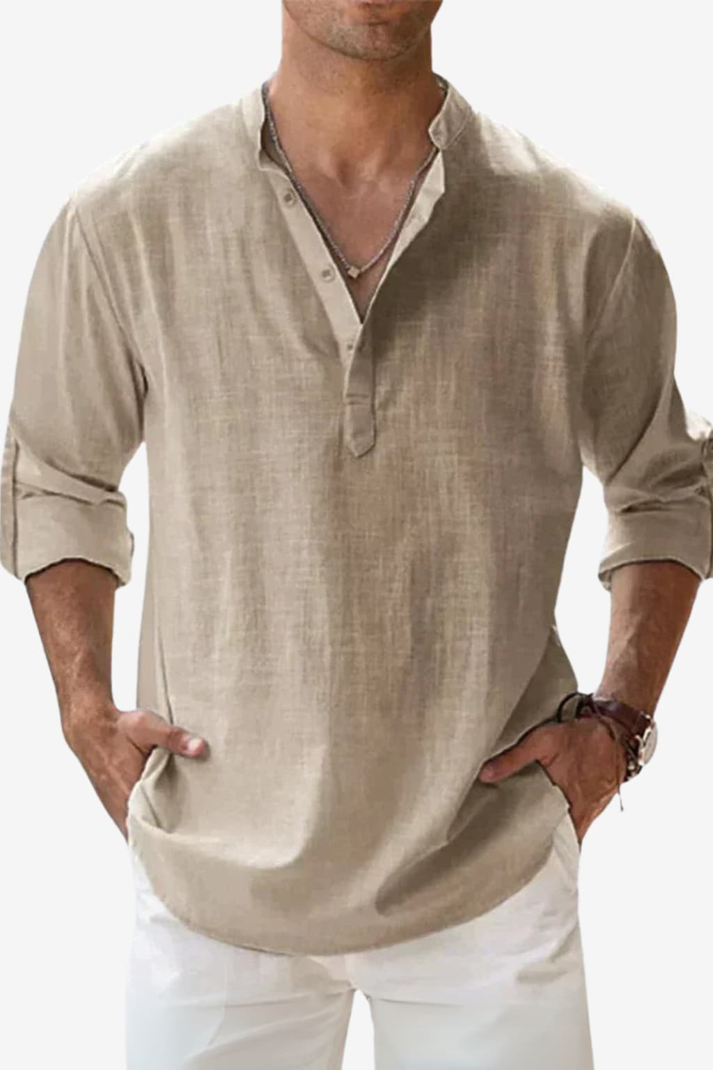 Men's Long - Sleeve Henley Shirt Purple Mandarin Collar