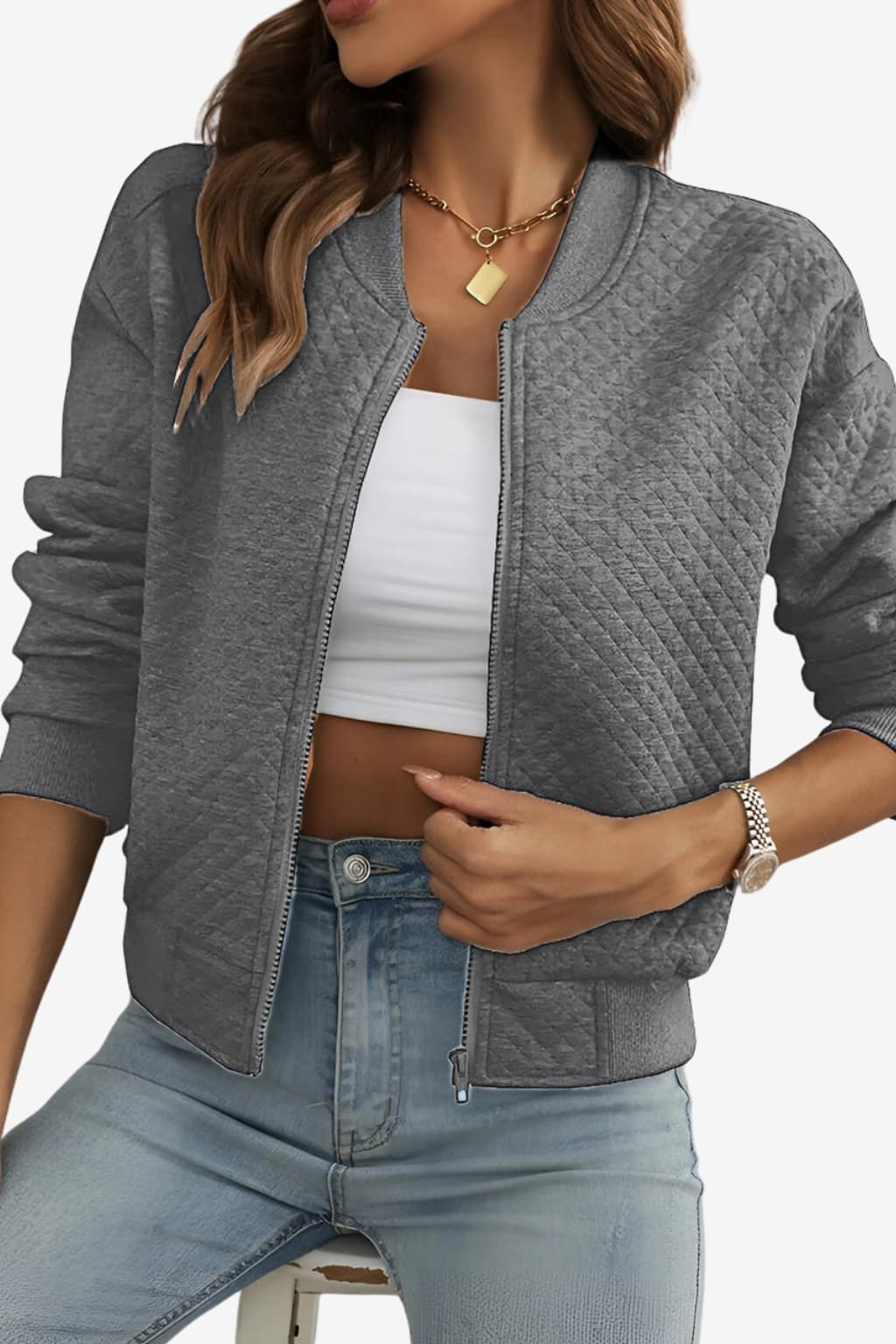 Women’s Quilted Bomber Jacket Lightweight Zip Front