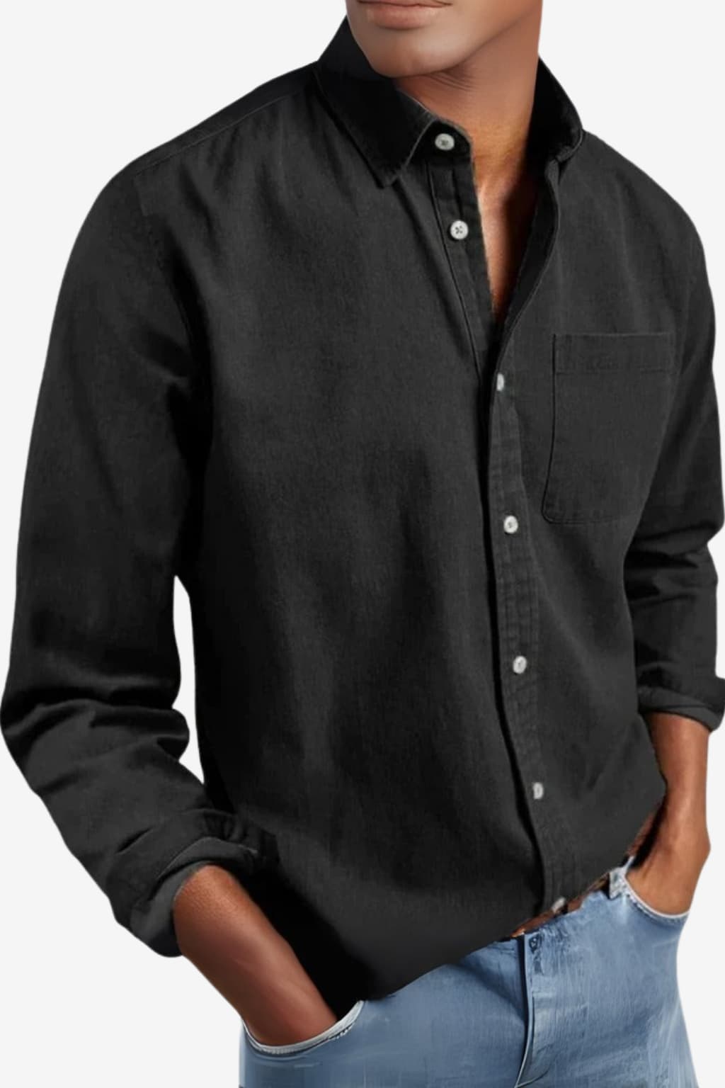 Men’s Long Sleeve Denim Shirt Casual Button-Up Top