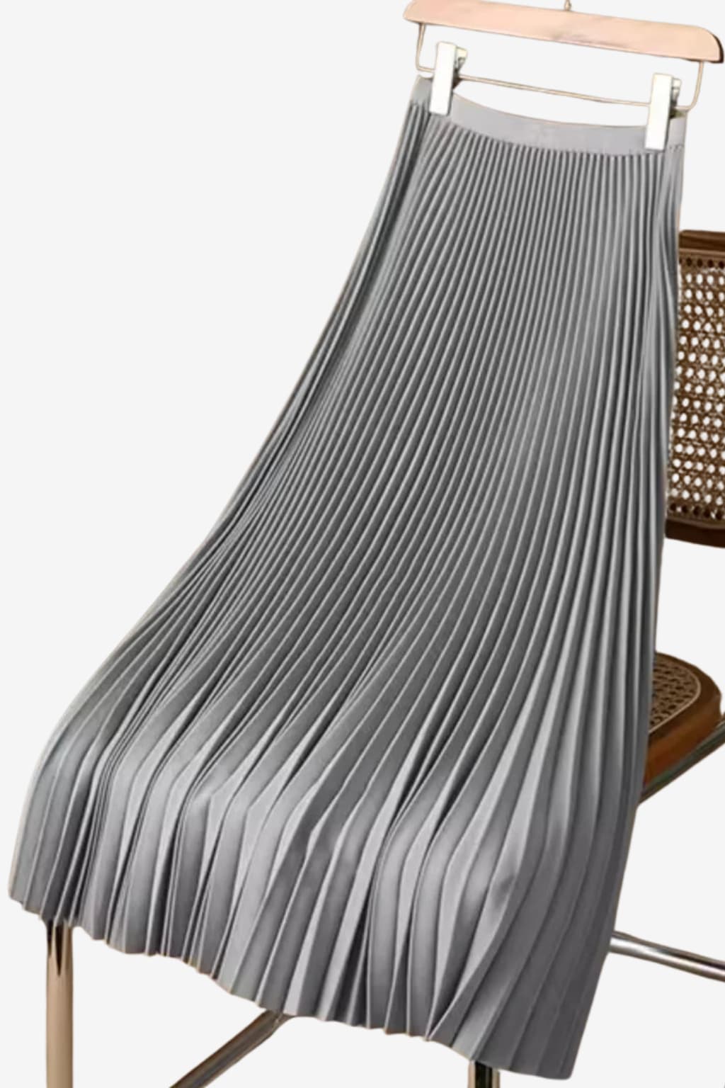 Women’s Pleated Midi Skirt High Waist Beige Elastic