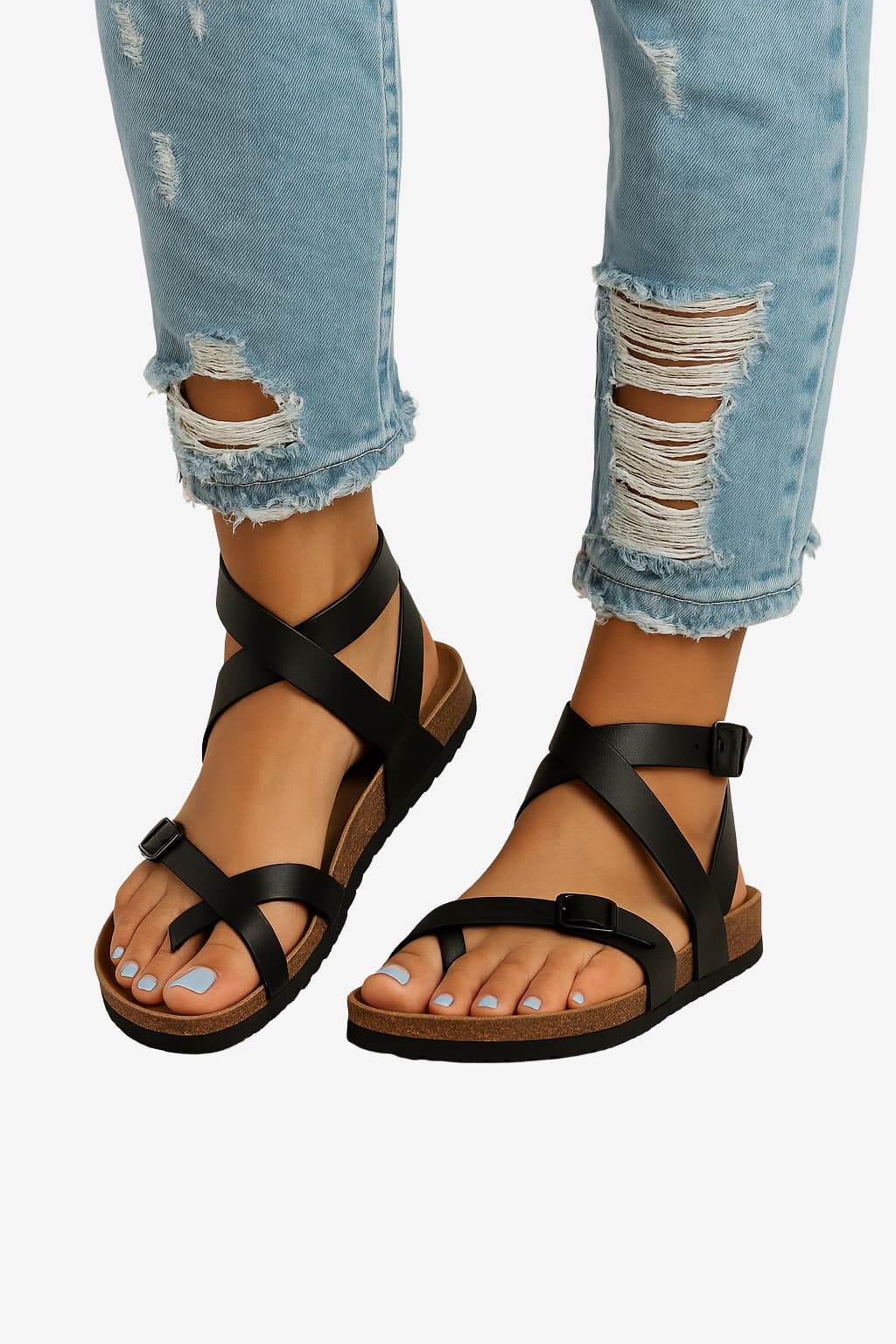 Women’s Gold Strap Sandals with Ankle Buckle Flat Sole