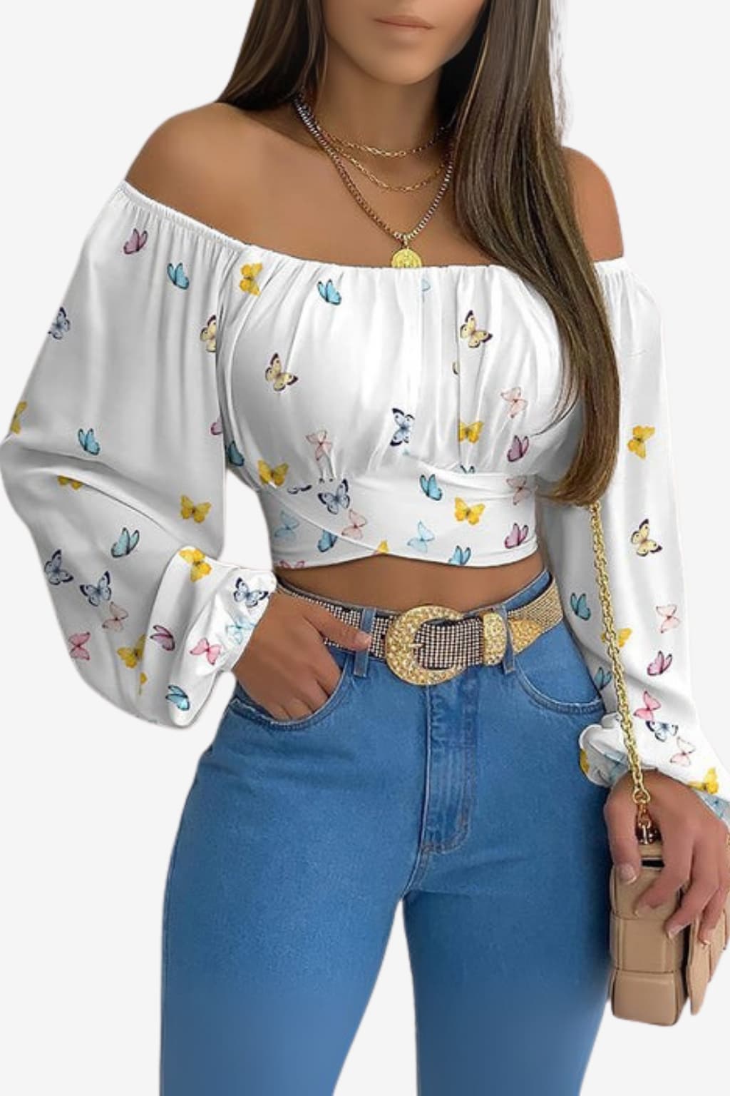 Women’s Boho Off-Shoulder Top Long Sleeve Light Blue