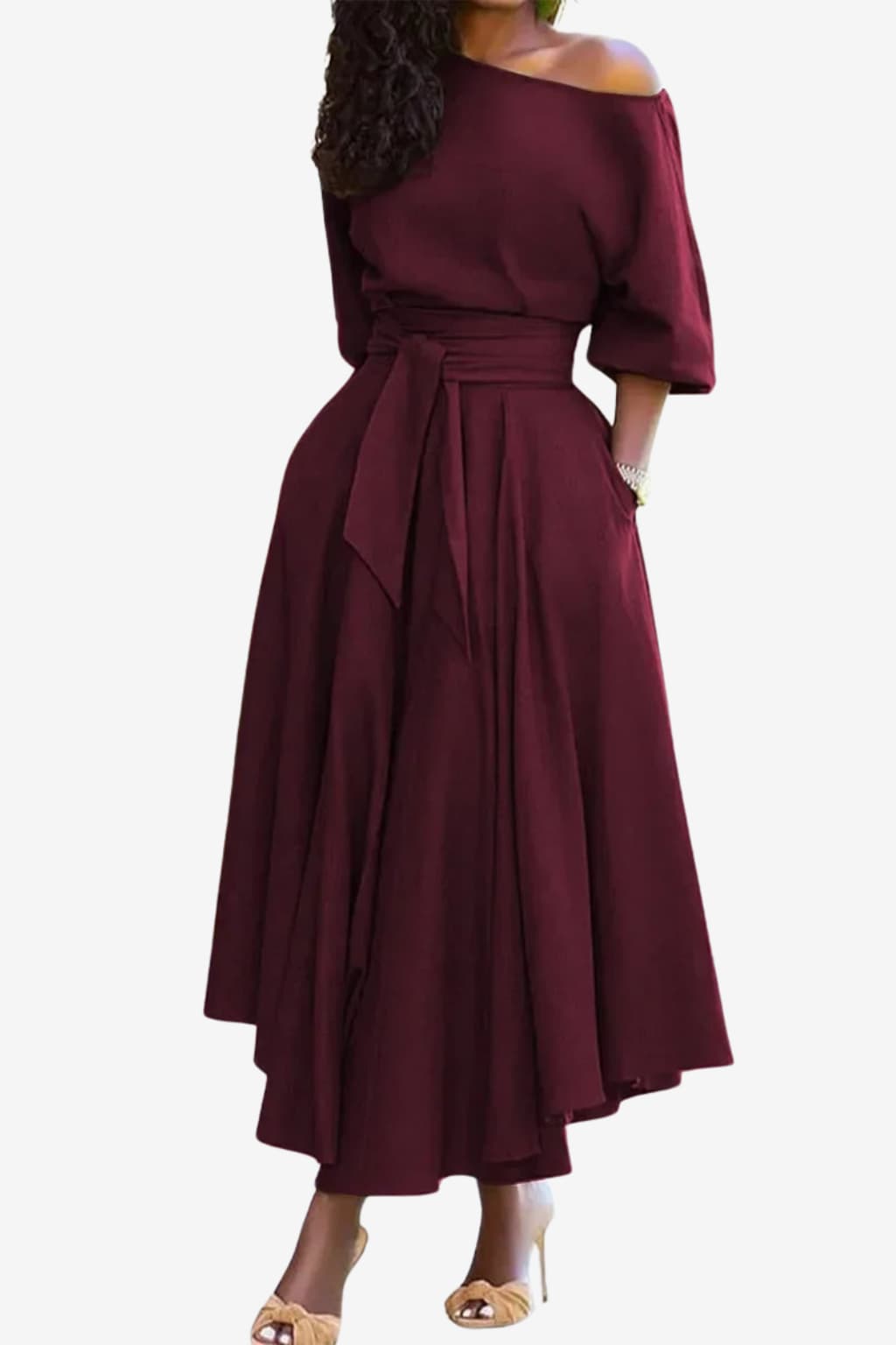 Women’s Off Shoulder Midi Dress Flared Skirt Belted