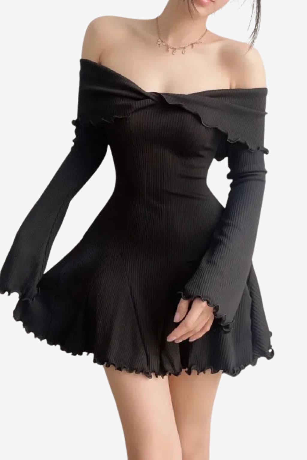 Women's Off-Shoulder Mini Dress with Flared Sleeves