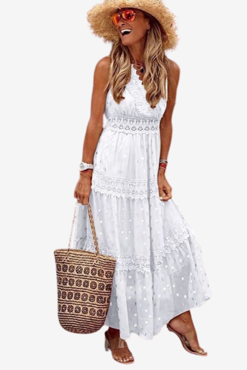 Women’s Sleeveless Boho Maxi Dress with Lace Detail