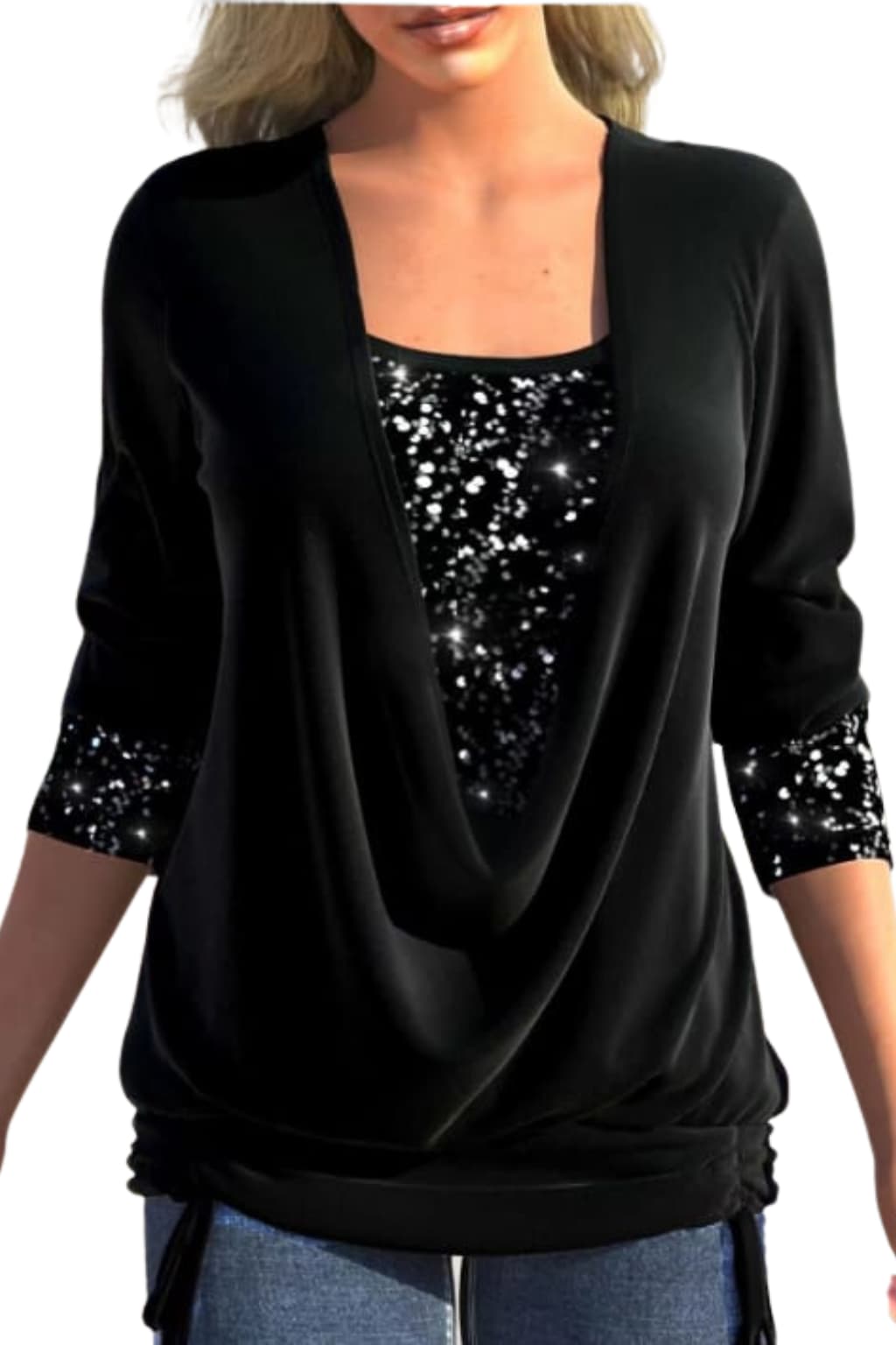 Women's Elegant Sleeve Draped Neckline Sequin Blouse