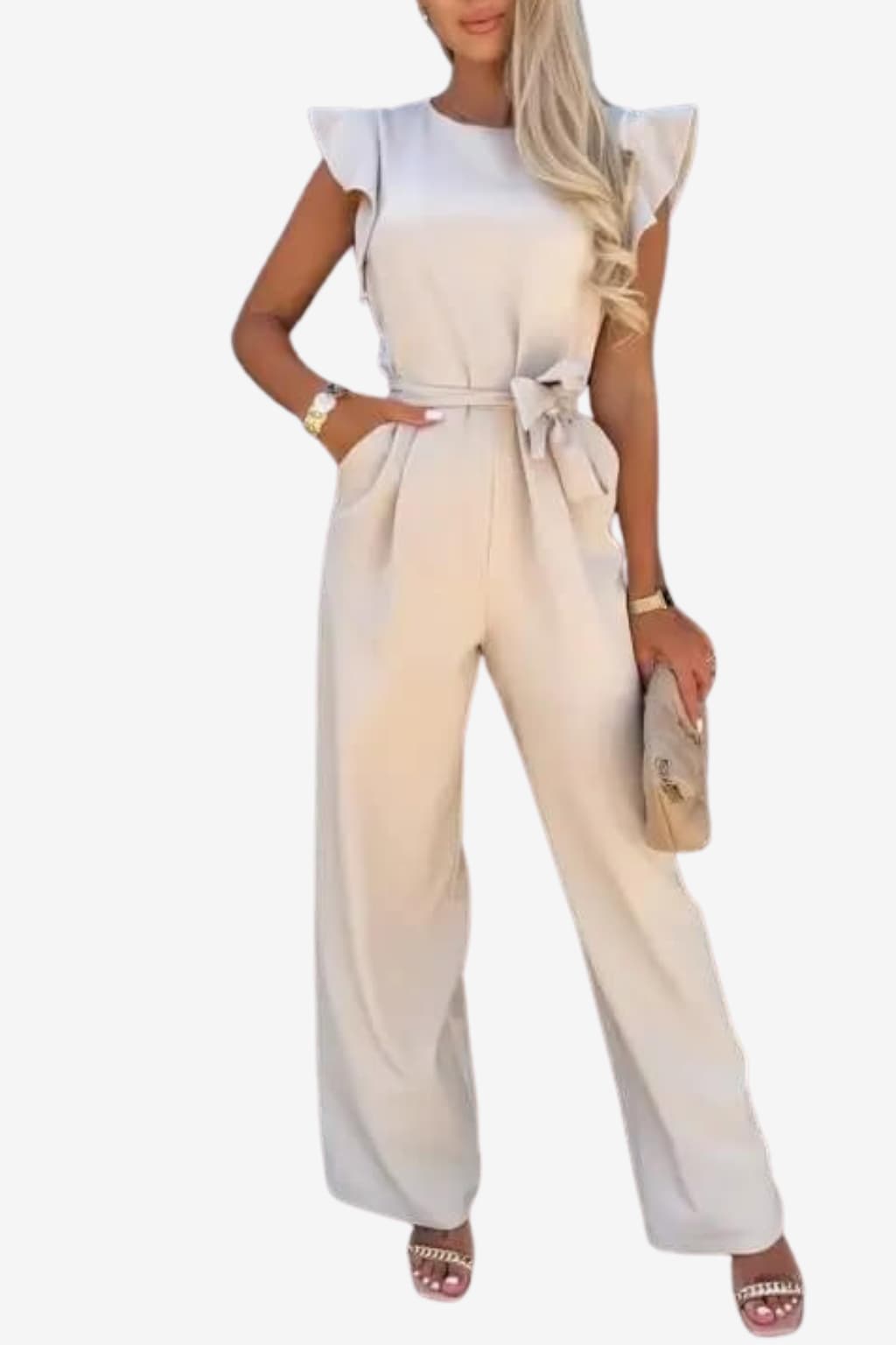 Women’s Wide Leg Jumpsuit with Belt and Cap Sleeves
