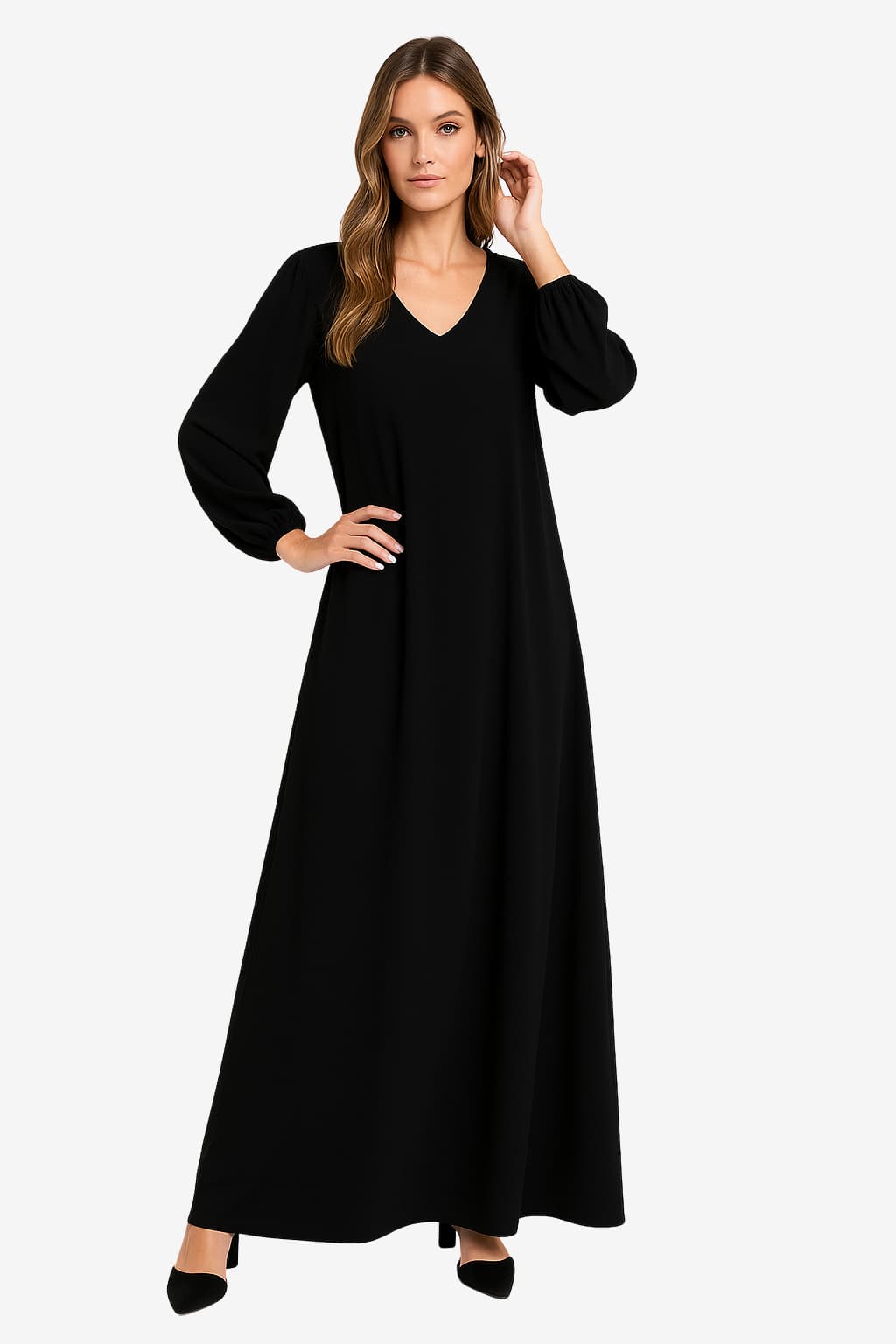 Women’s V-Neck Maxi Dress Balloon Sleeve Flowy Fit