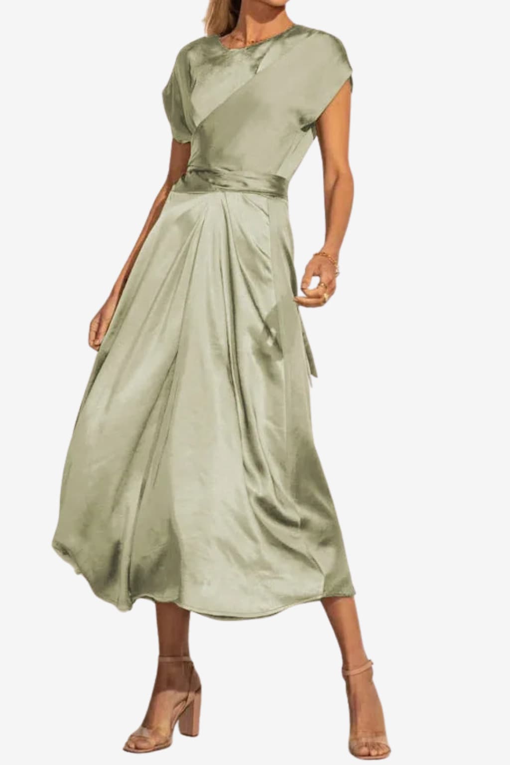 Women’s Satin Midi Dress Asymmetric Neckline Flowy Fit