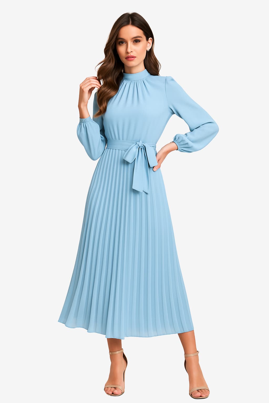 Women’s Long Sleeve Pleated Midi Dress with Belt