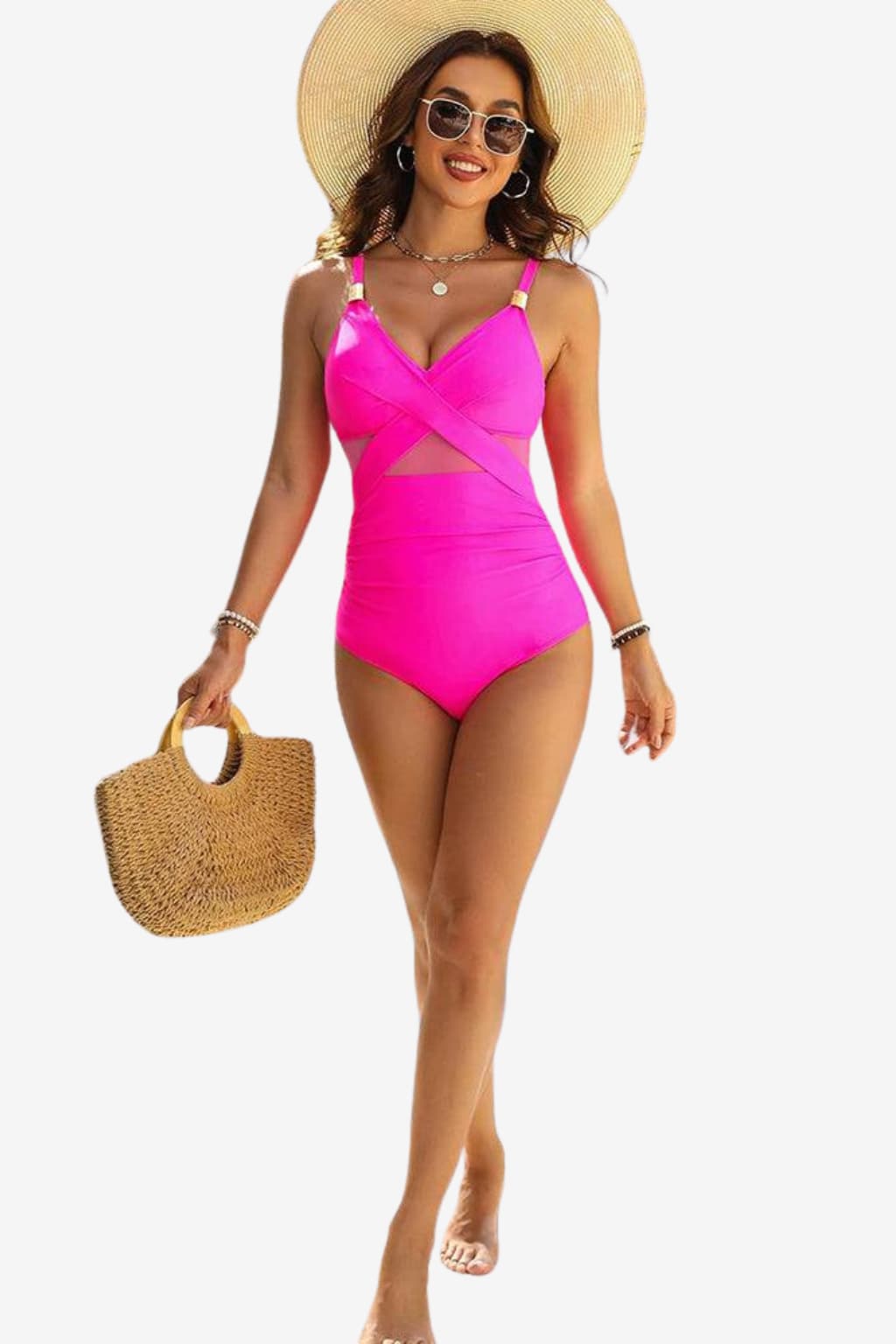 Women's One-Piece V-Neck Mesh Swimsuit with Gold Accents