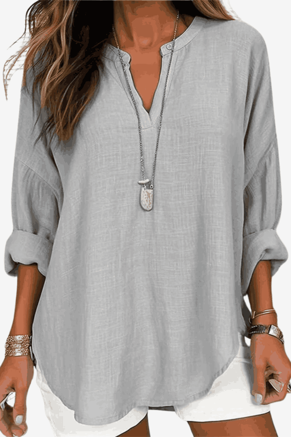 Women's Cotton Linen Long Sleeve Shirt - Relaxed Fit Casual Tunic