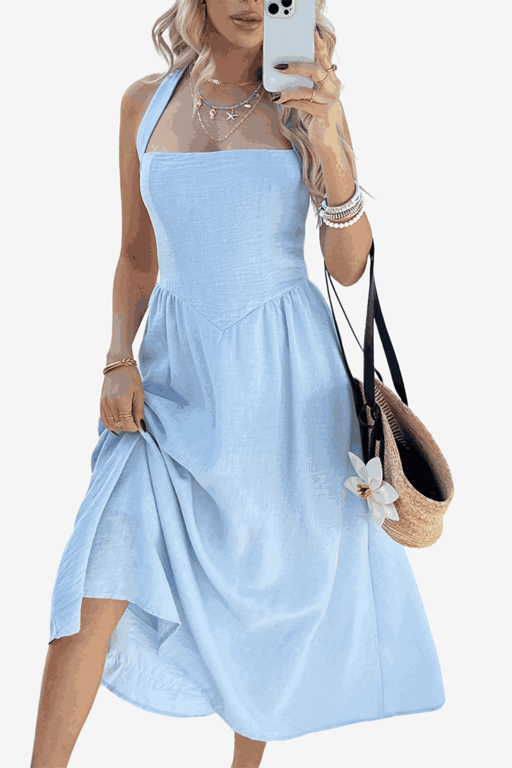 Women's Cotton Linen Halter Midi Dress - Sleeveless A-Line Fit for Summer