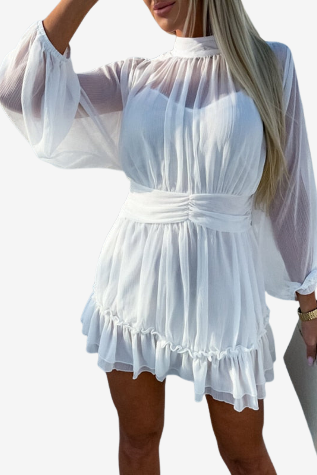 Women’s Pleated Mini Dress Long Sleeve Ruffle Hem