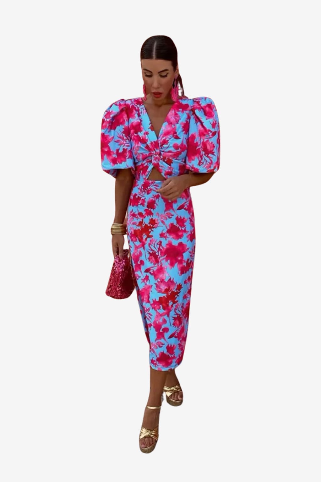 Women's Animal Print Midi Dress Short Sleeve V - Neck