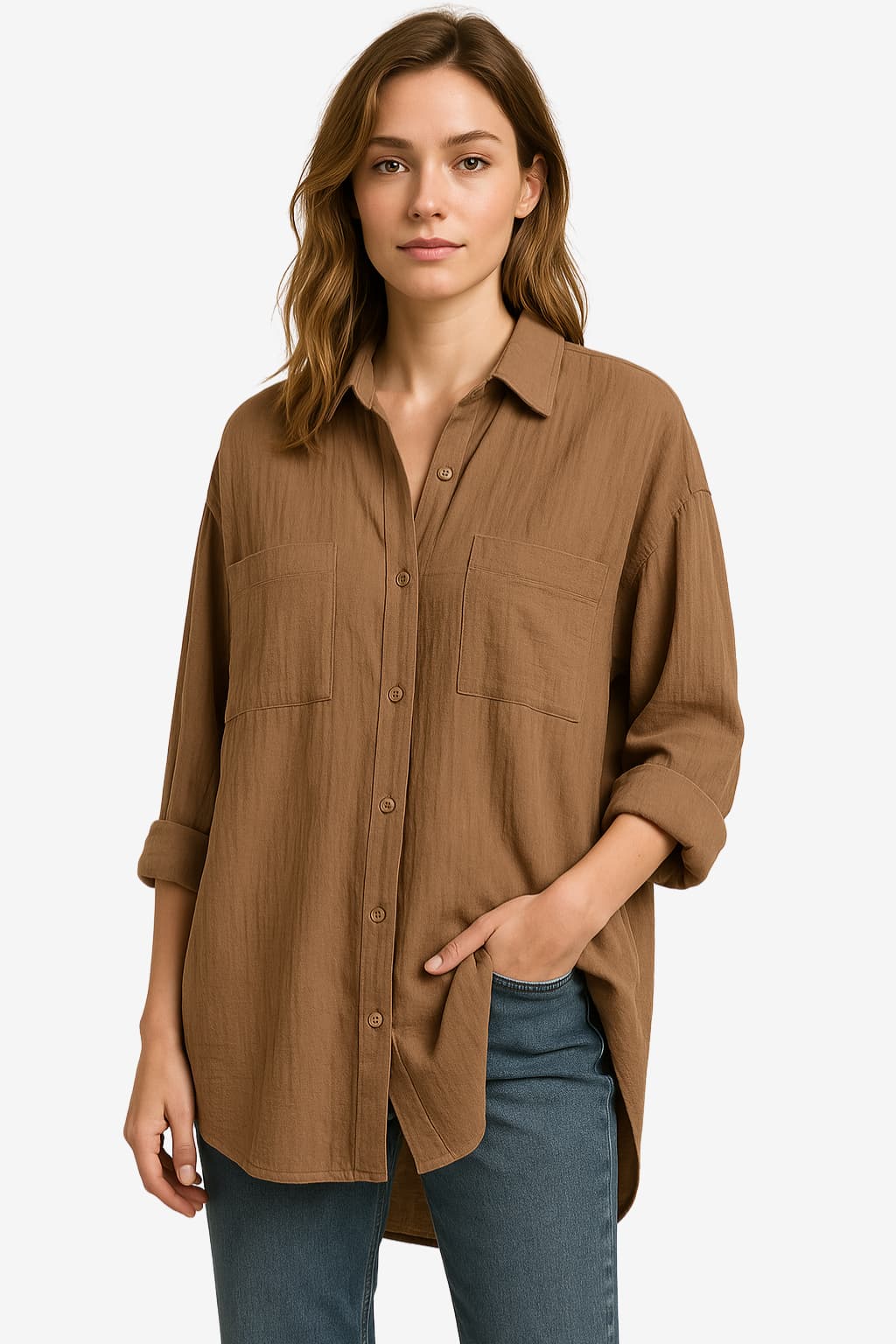 Women’s Linen Button-Up Oversized Shirt with Long Sleeves