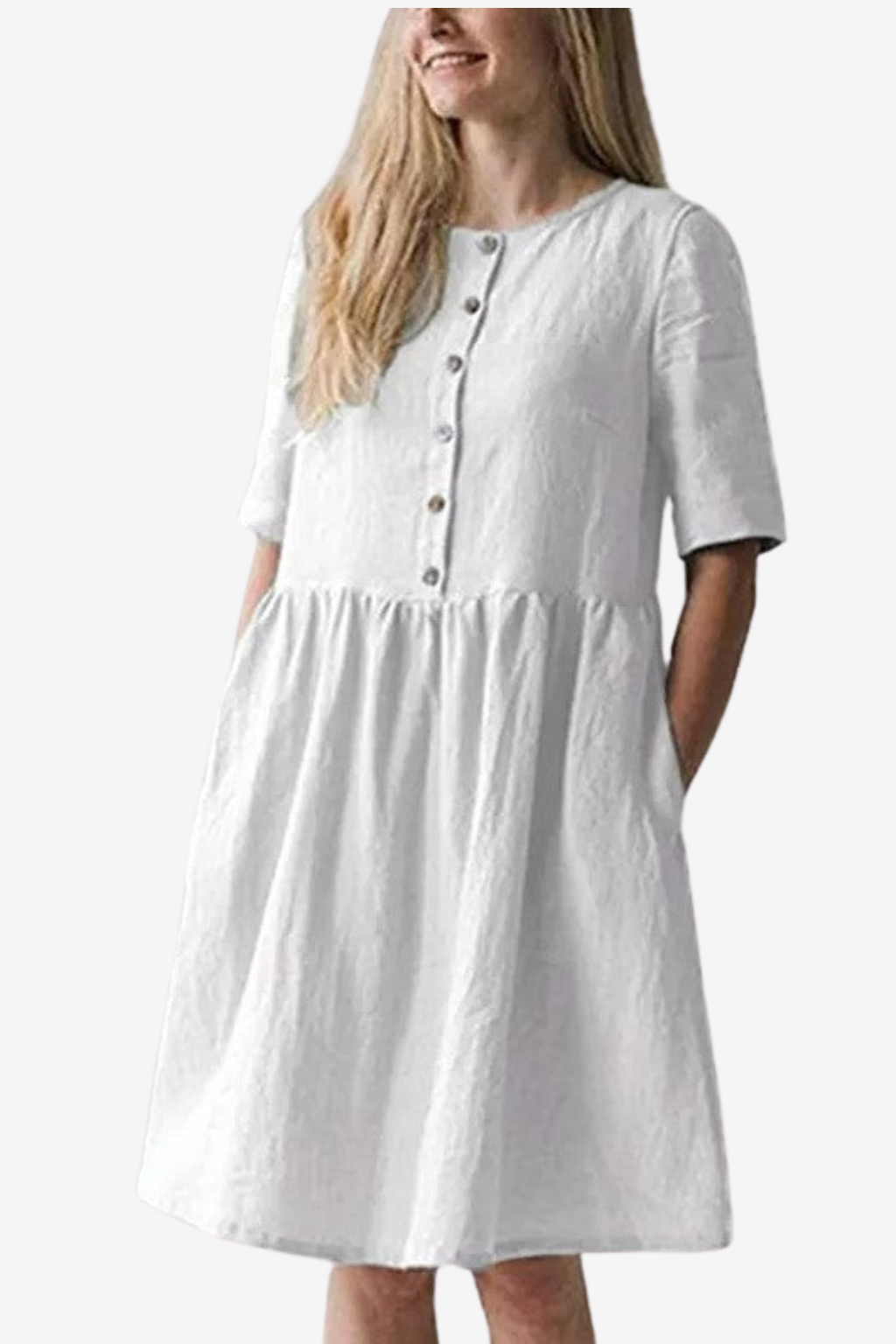 Women's Cotton Linen Midi Dress - Relaxed Fit Short Sleeve with Pockets &amp; Buttons