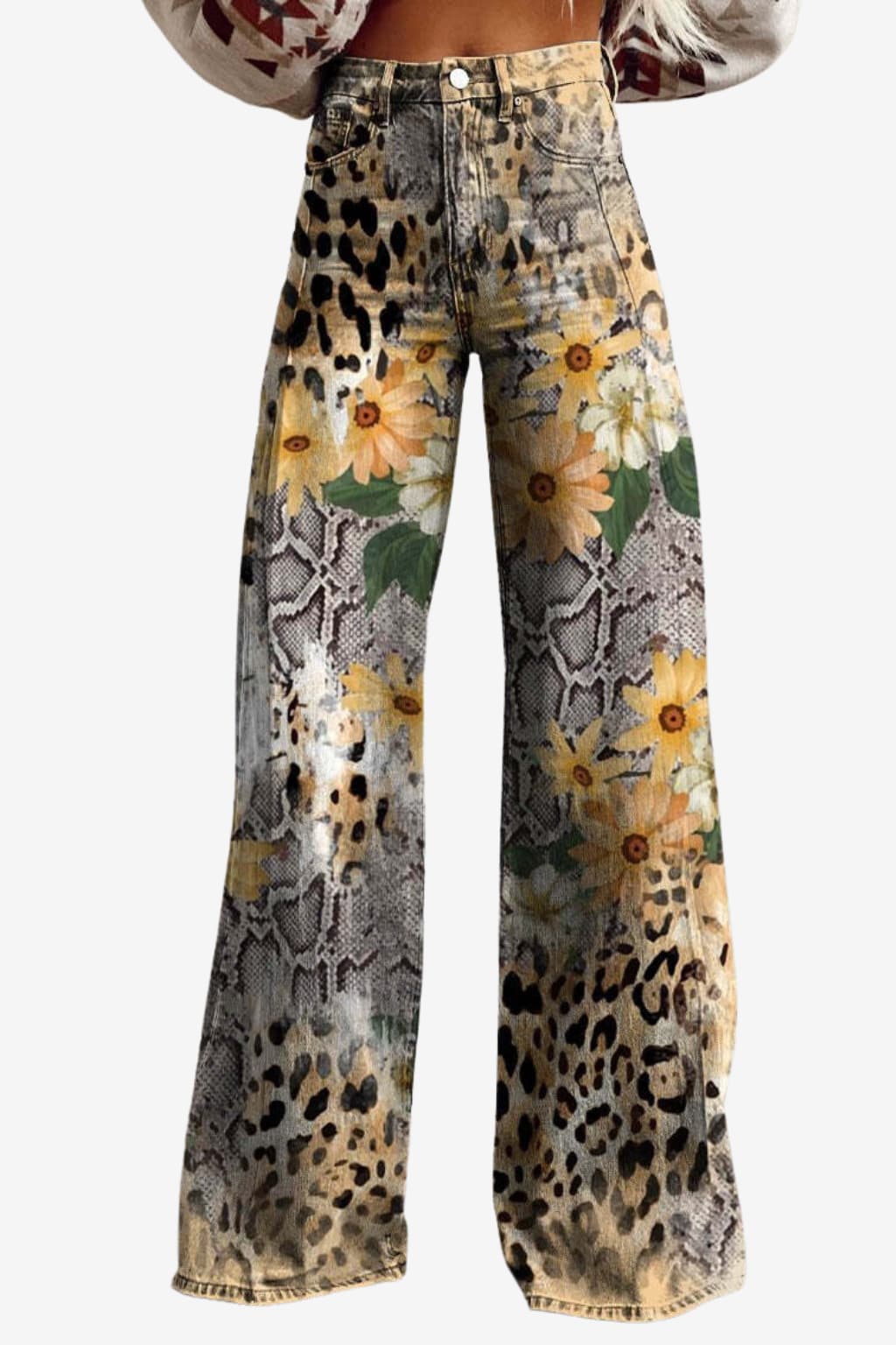 Women's Vintage Daisy Print Wide-Leg Trousers High-Waisted