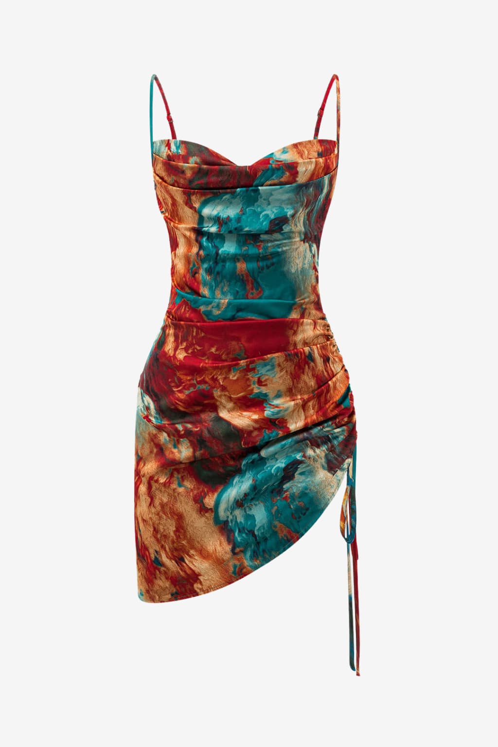 Women’s Ruched Satin Mini Dress Watercolour Print Slip