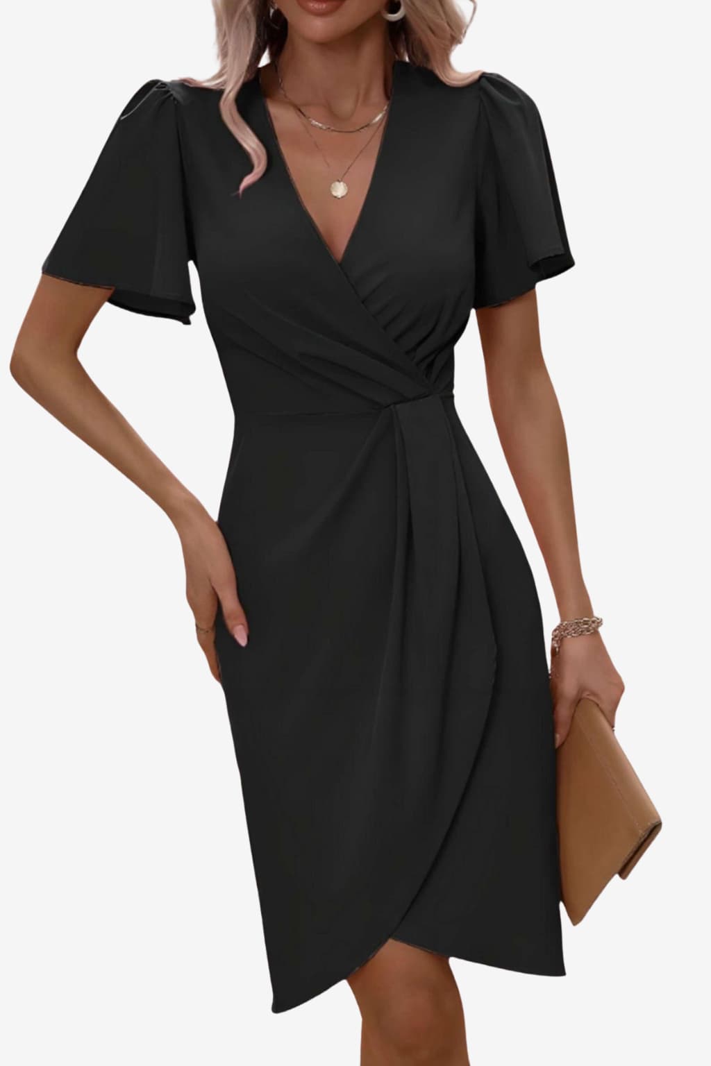 Women's Fitted Wrap Dress V-Neck Flutter Sleeve Midi