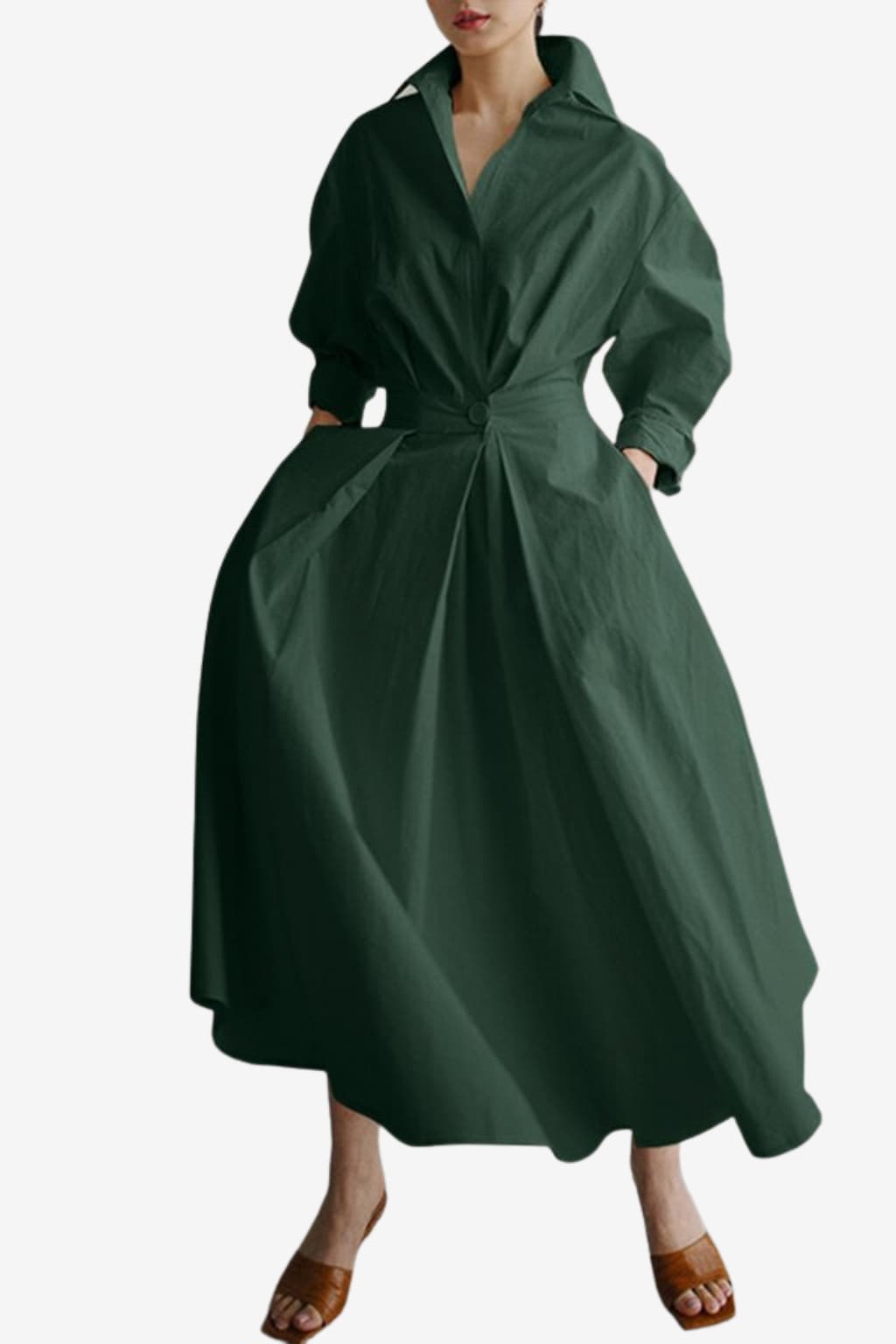 Women's Cotton Long Sleeve Midi Shirt Dress V-Neck