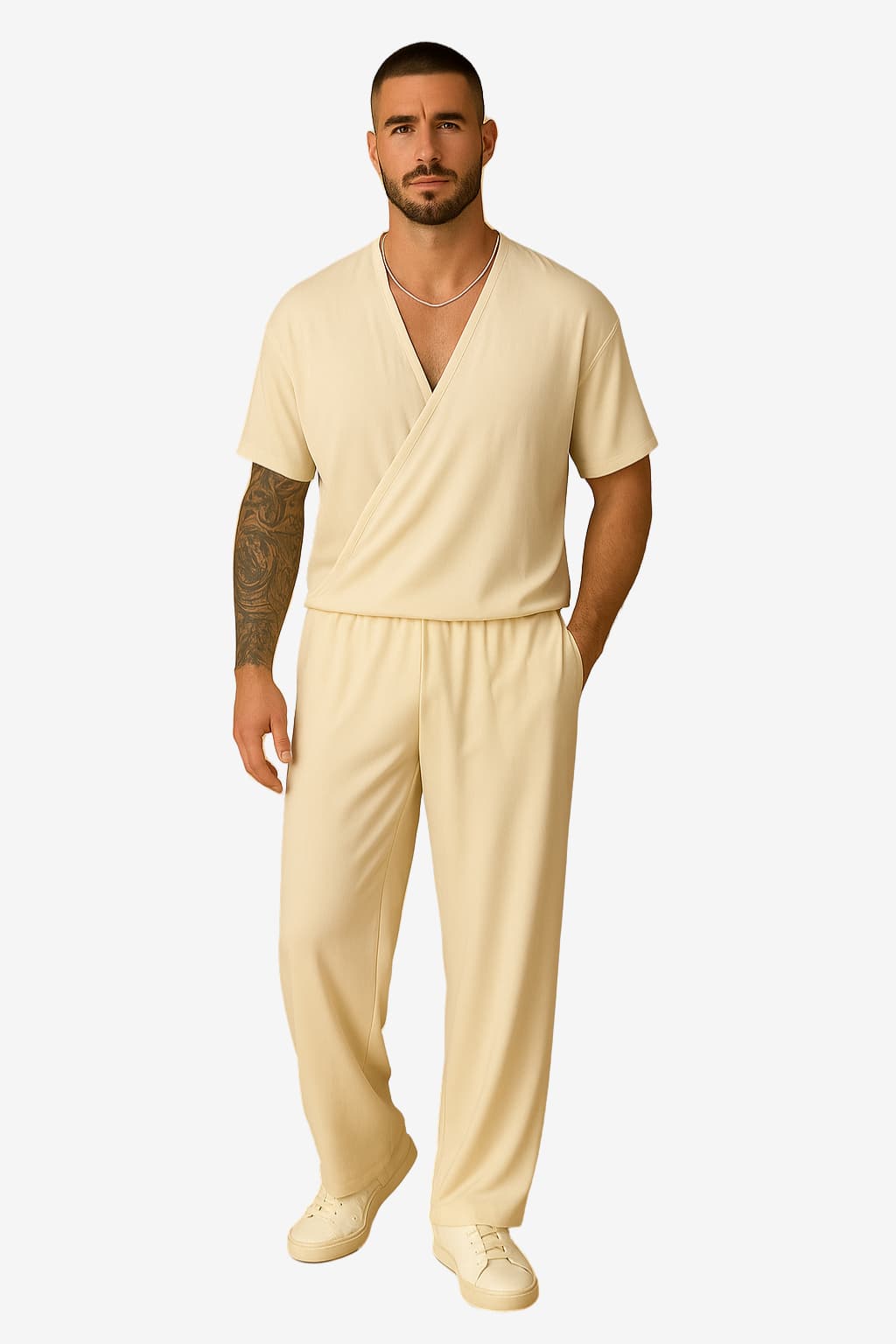 Men’s V-Neck Lounge Set Short Sleeve Top &amp; Trousers