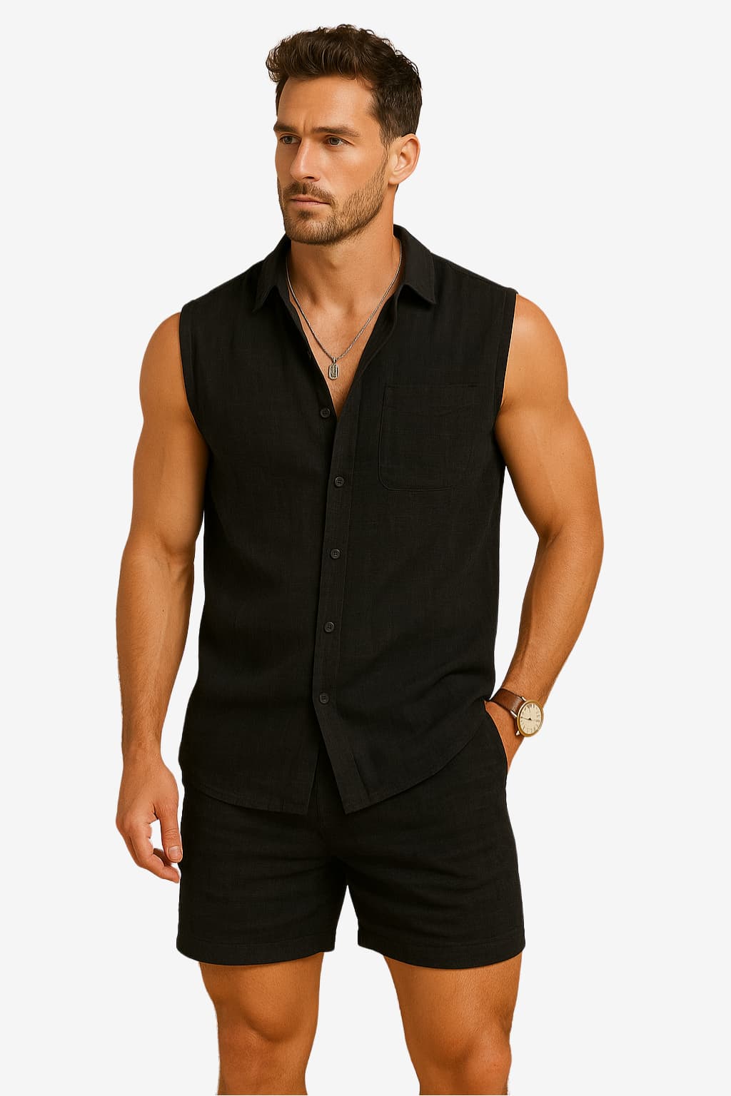 Men’s Sleeveless Cotton Linen Shirt Set Casual Summer