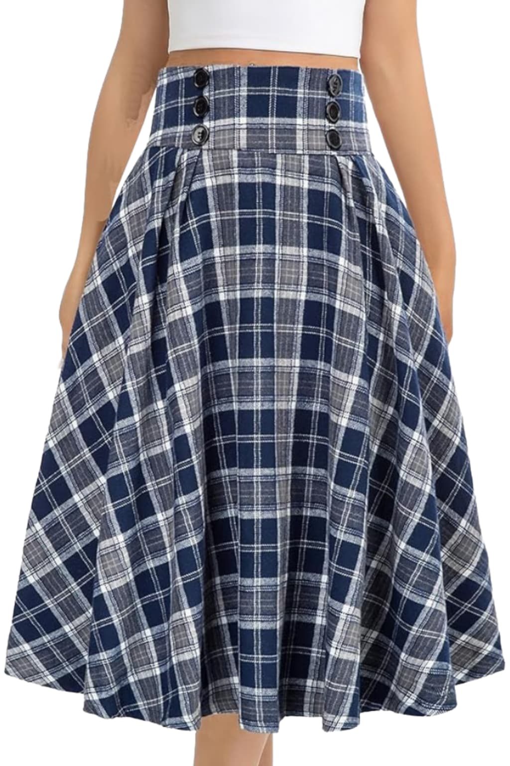 Women's High - Waisted Tartan Midi Skirt