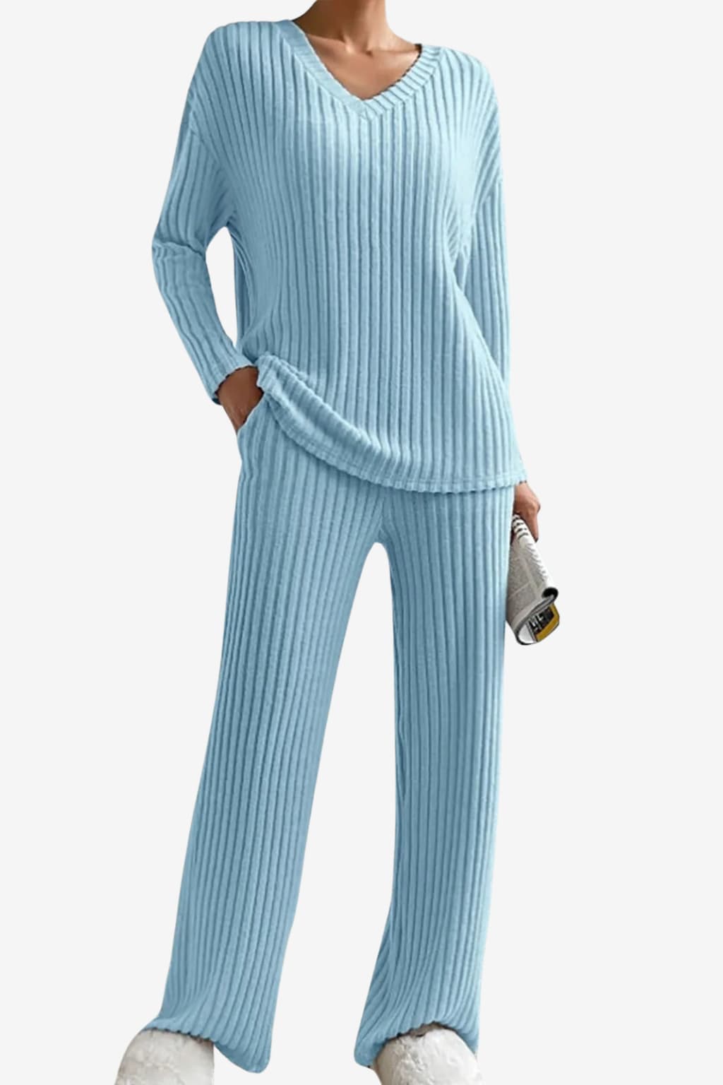 Women’s Ribbed Knit Lounge Set V-Neck Top Trousers