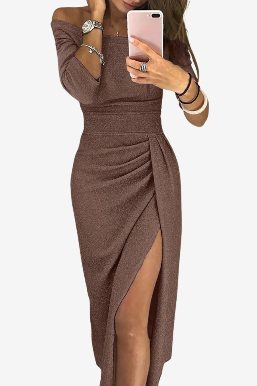 Women's Glitter Midi Dress with Off-Shoulder and High Slit