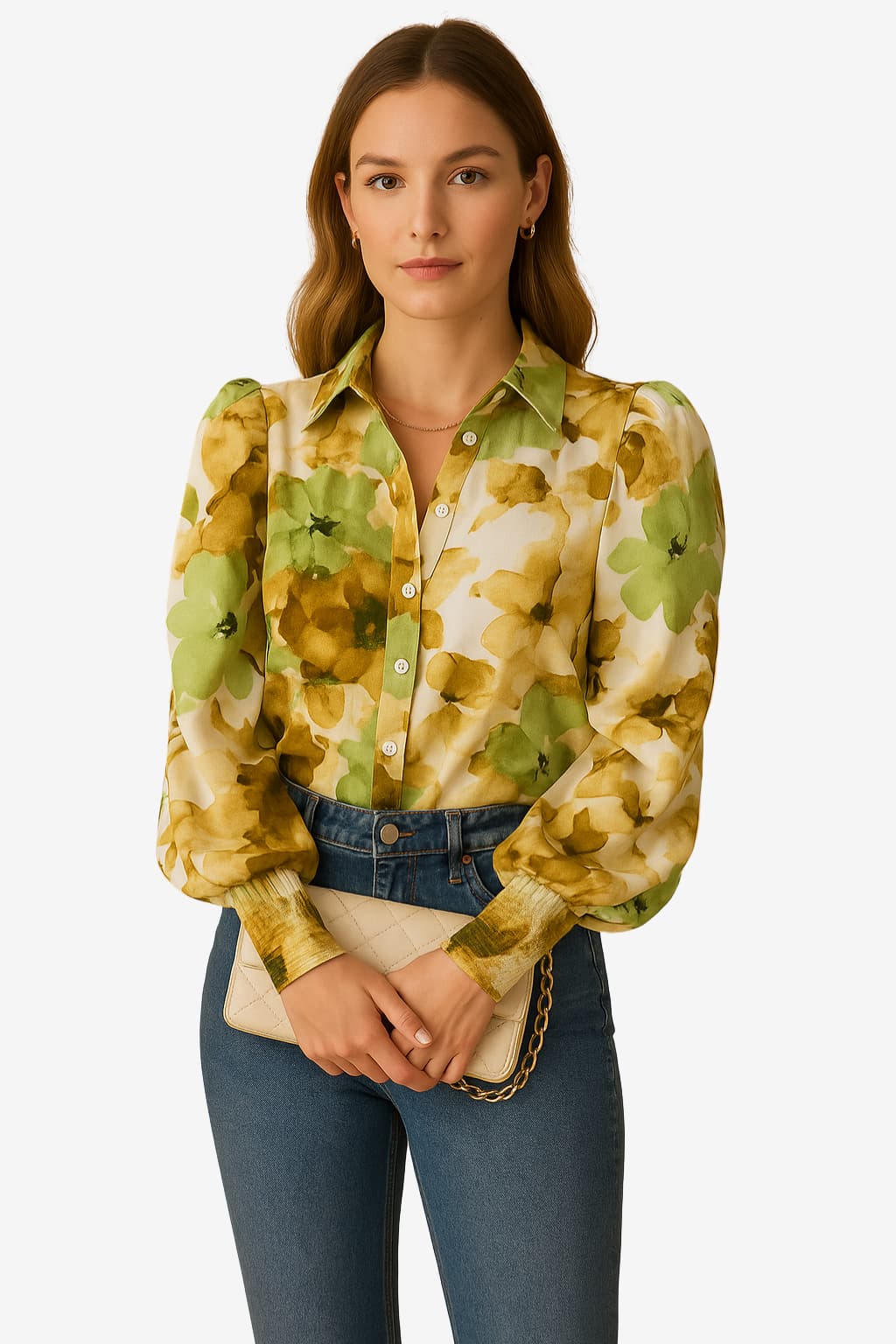 Women’s Floral Button Shirt Puff Sleeve Oversized Fit