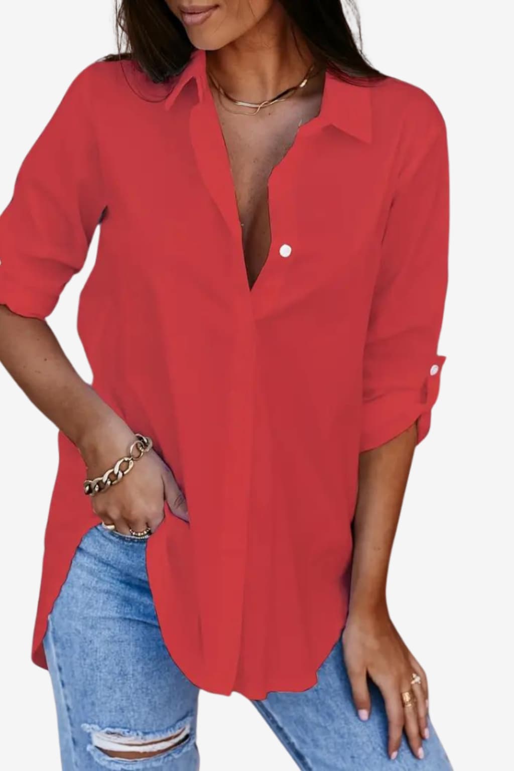 Women's Long Sleeve White Button - Down Blouse