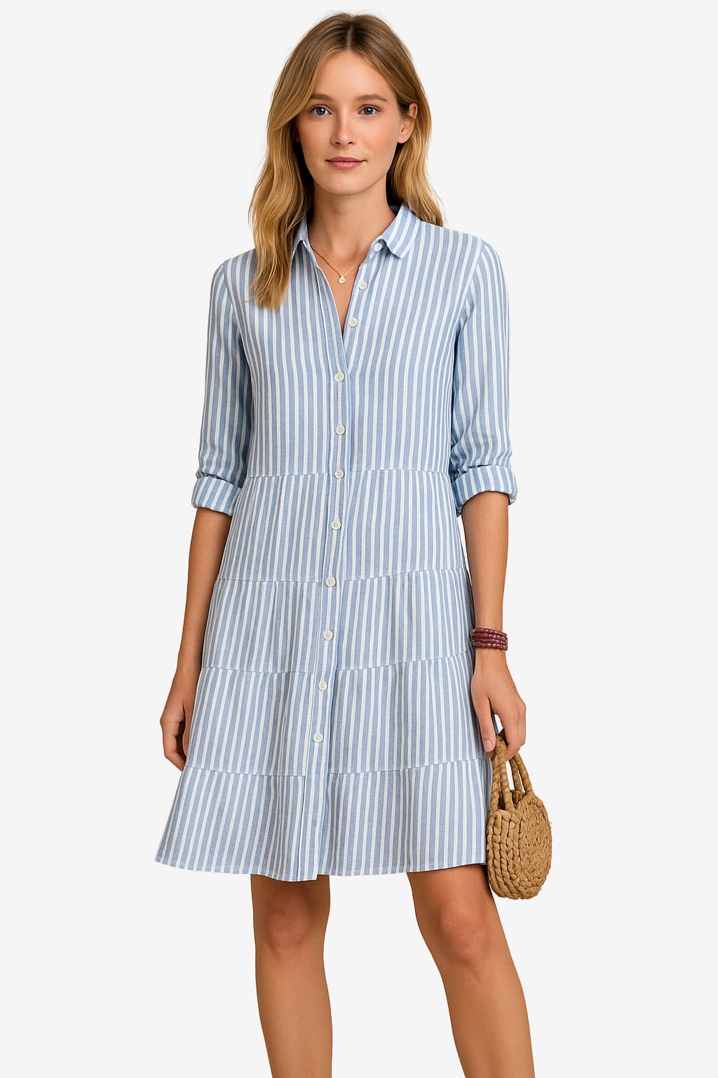 Women’s Striped Shirt Dress Button Up Knee Length Casual